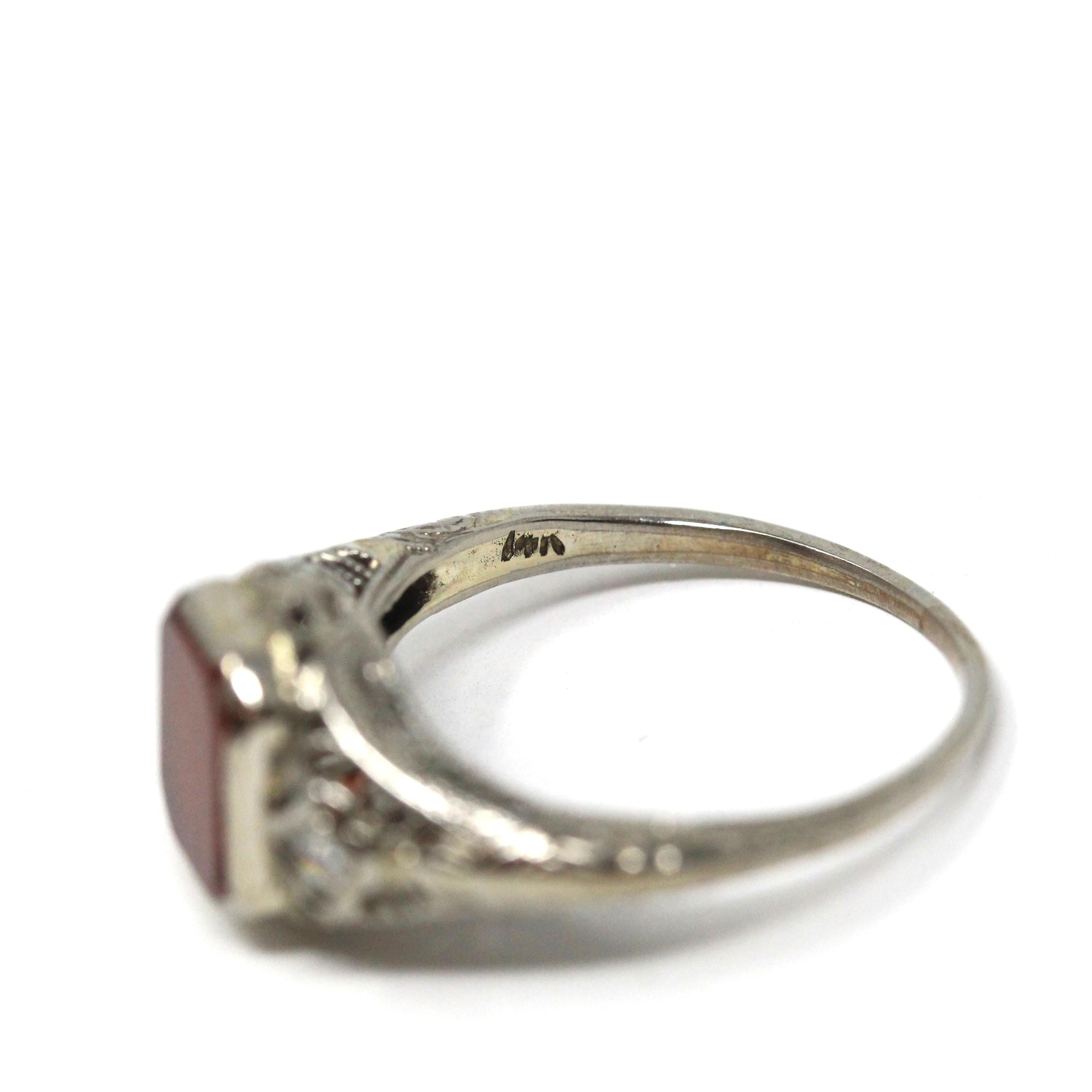 Vintage Sard Ring - Art Deco 14k White Gold Bezel Set Dark Red Gemstone & Natural Diamonds - Circa 1930s Size 5 3/4 Filigree Fine Jewelry