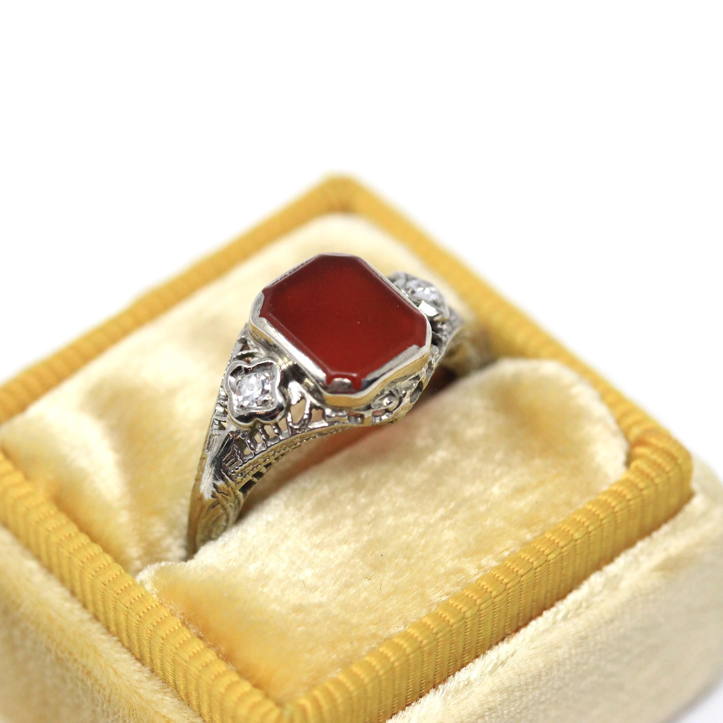 Vintage Sard Ring - Art Deco 14k White Gold Bezel Set Dark Red Gemstone & Natural Diamonds - Circa 1930s Size 5 3/4 Filigree Fine Jewelry