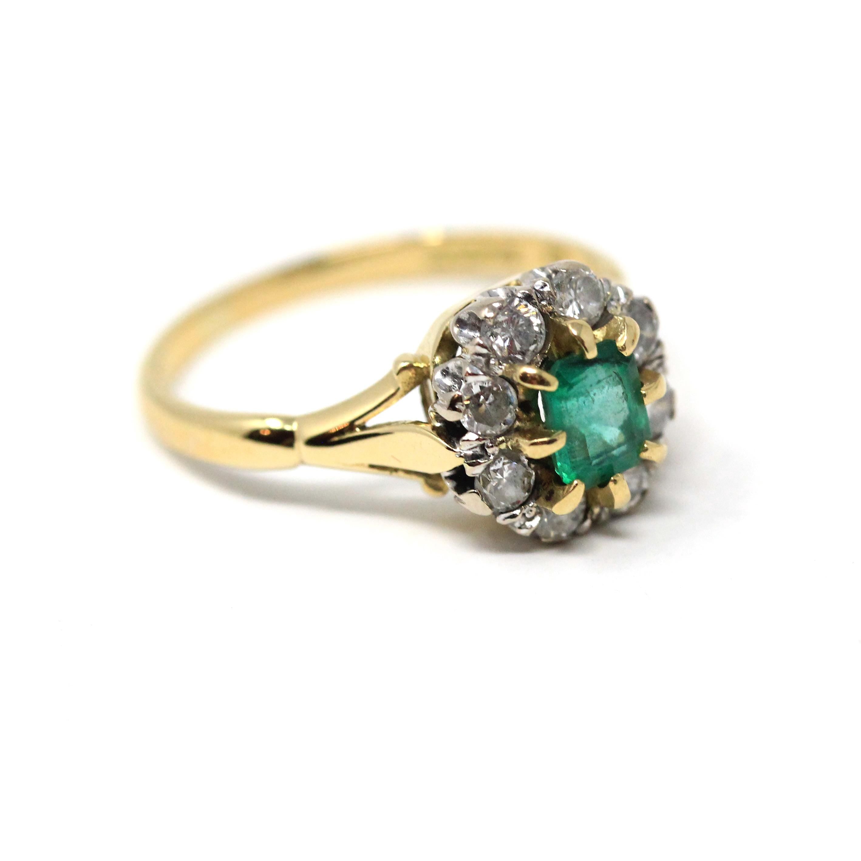 Emerald & Diamond Halo Ring - Estate 18k Yellow Gold Natural Green Gemstone .36 CTW Cluster - Hallmarked 1994 Engagement Bridal Fine Jewelry
