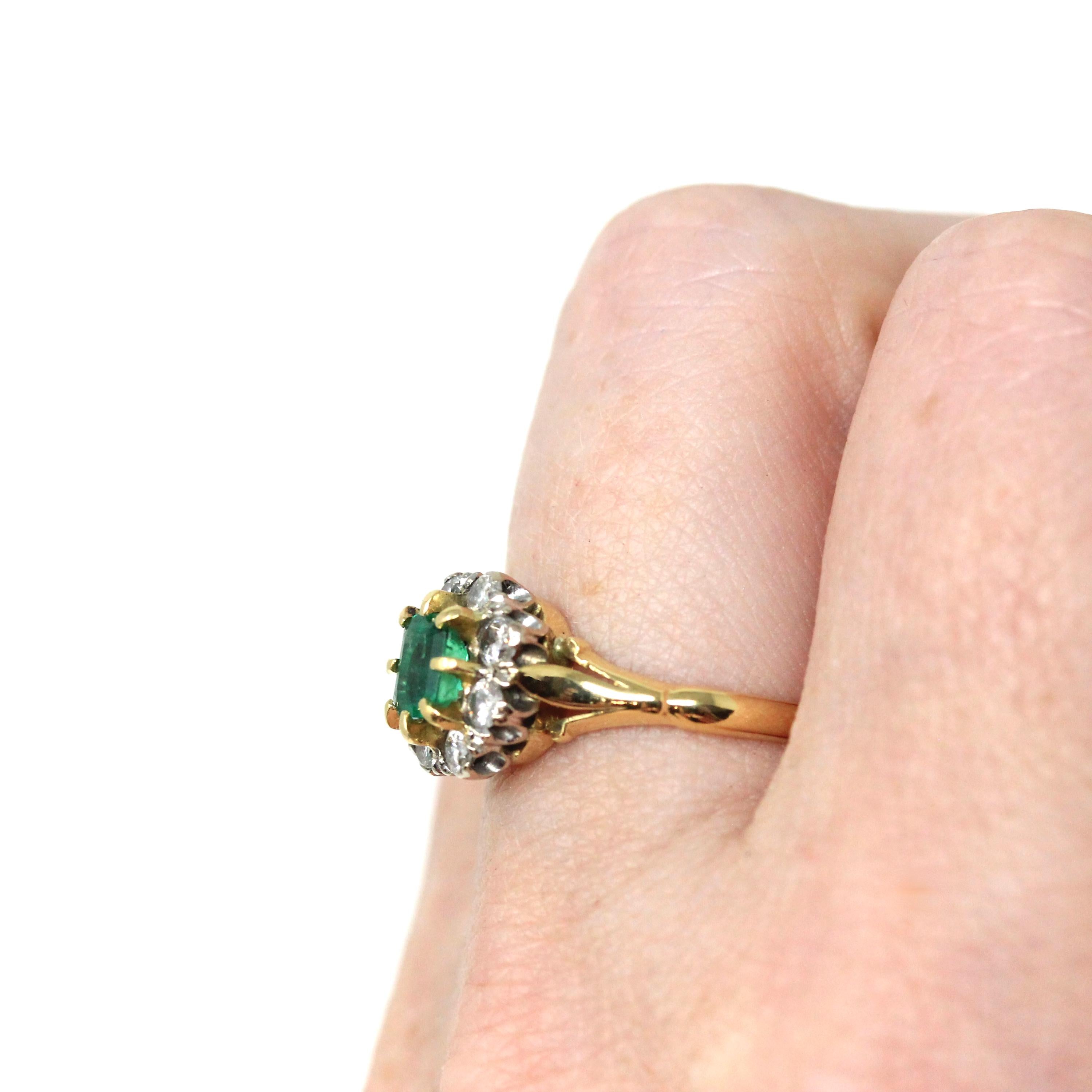 Emerald & Diamond Halo Ring - Estate 18k Yellow Gold Natural Green Gemstone .36 CTW Cluster - Hallmarked 1994 Engagement Bridal Fine Jewelry