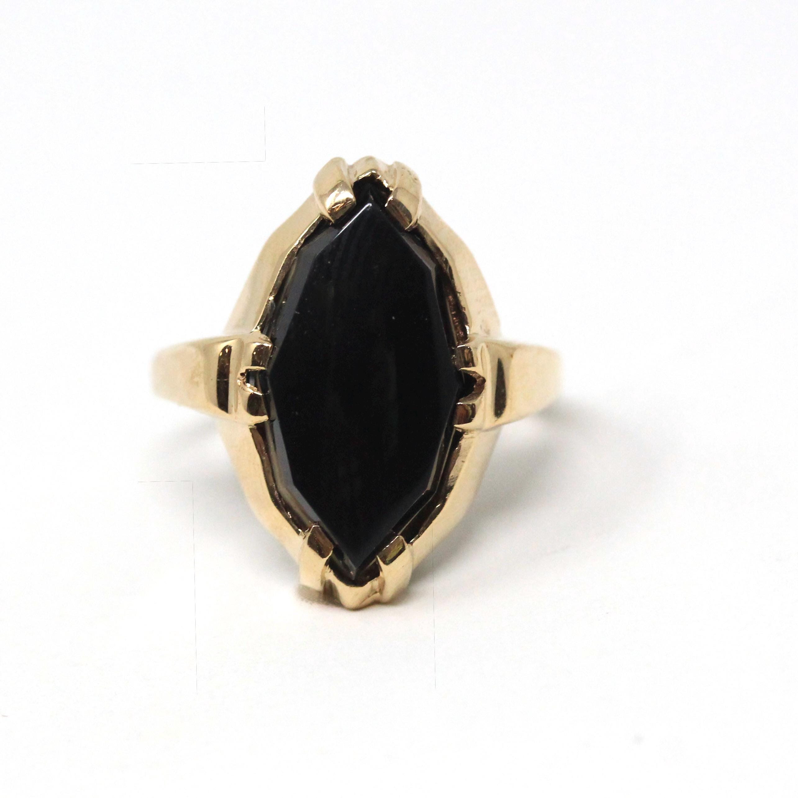 Vintage Onyx Ring - Retro 10k Yellow Gold Fancy Marquise Cut Black Chalcedony Cabochon Gemstone - Circa 1960s Size 6 Fine Statement Jewelry