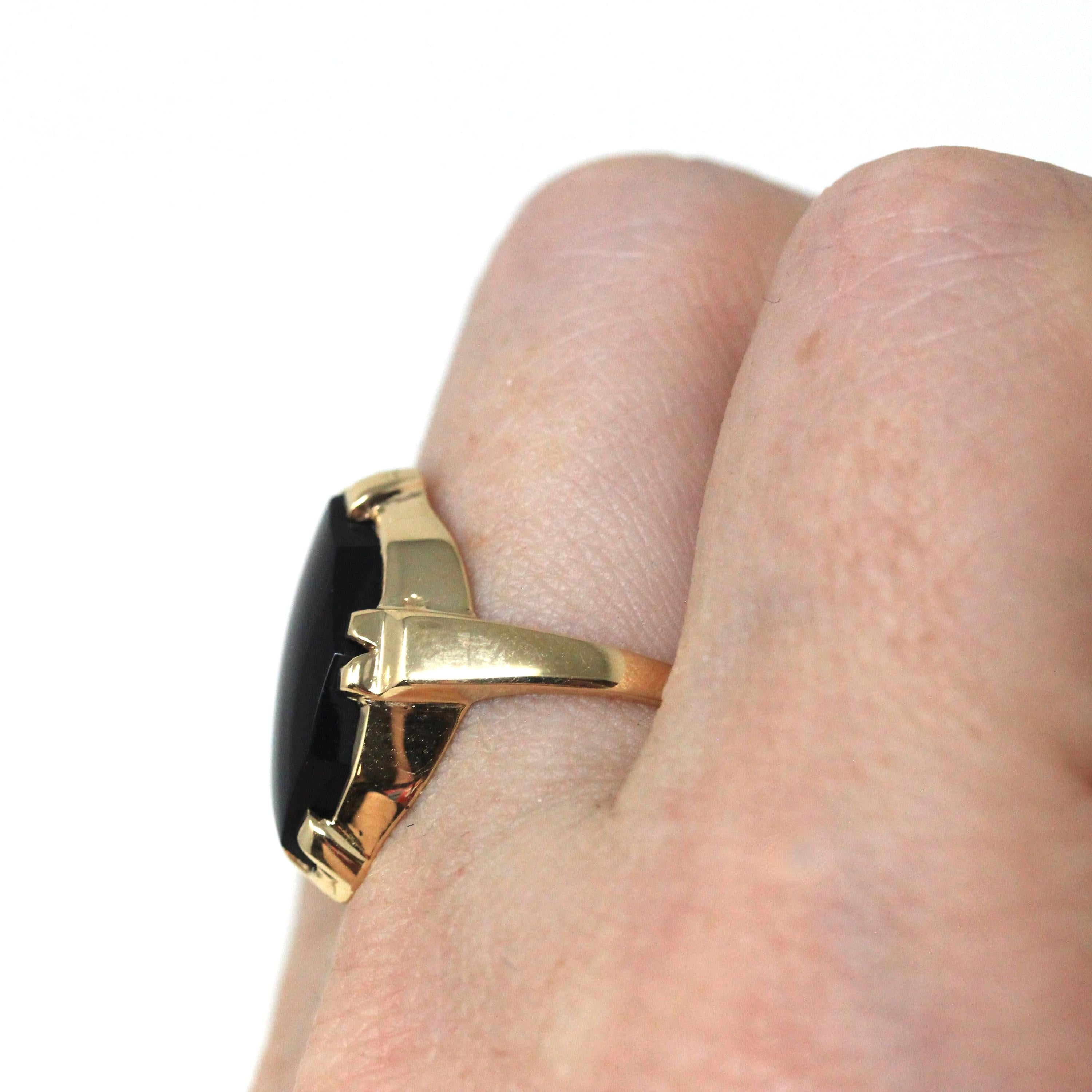 Vintage Onyx Ring - Retro 10k Yellow Gold Fancy Marquise Cut Black Chalcedony Cabochon Gemstone - Circa 1960s Size 6 Fine Statement Jewelry