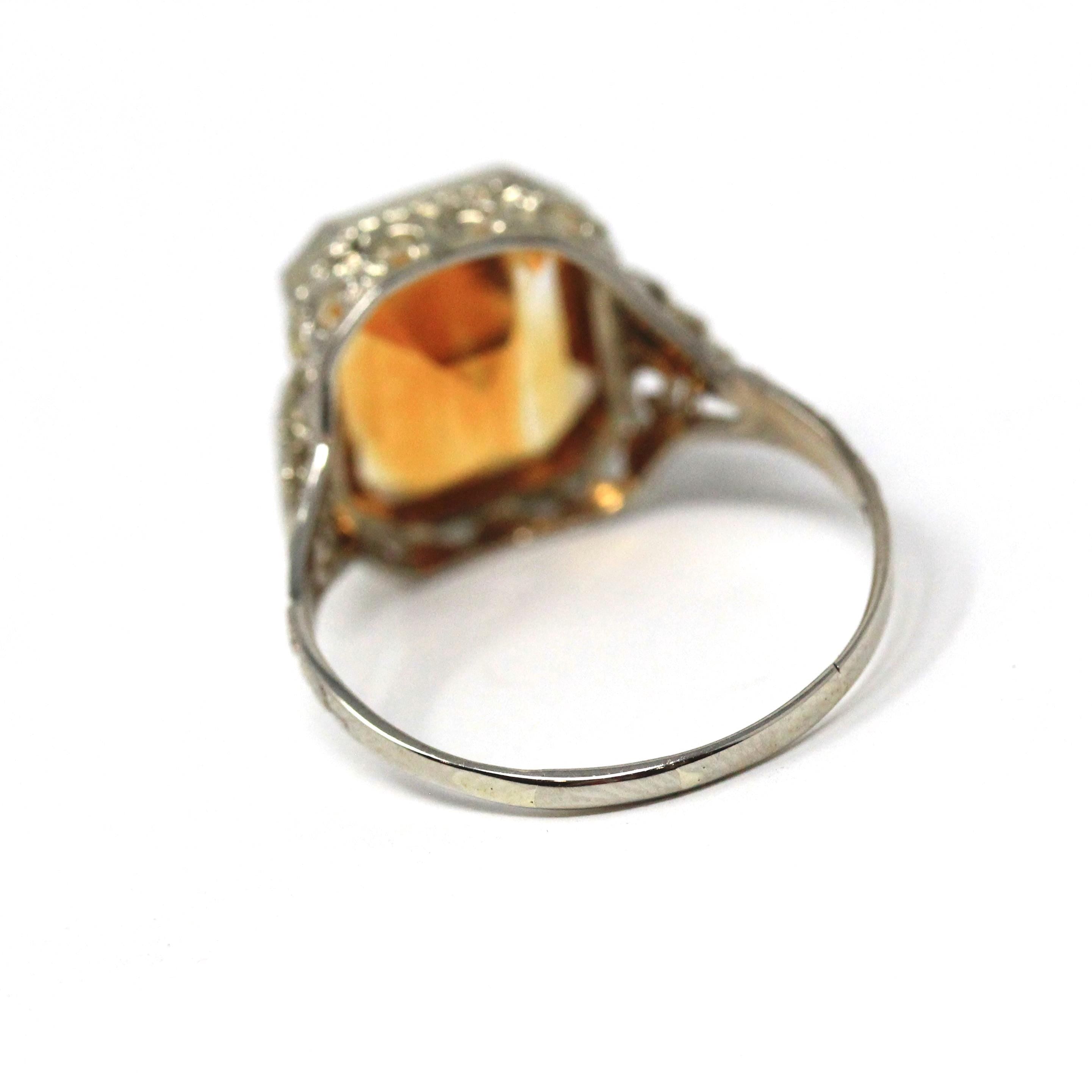 Natural Citrine Ring - Art Deco 14k White Gold Emerald Cut Gemstone - Vintage Circa 1930s Era Size 8 1/2 November Birthstone Fine Jewelry