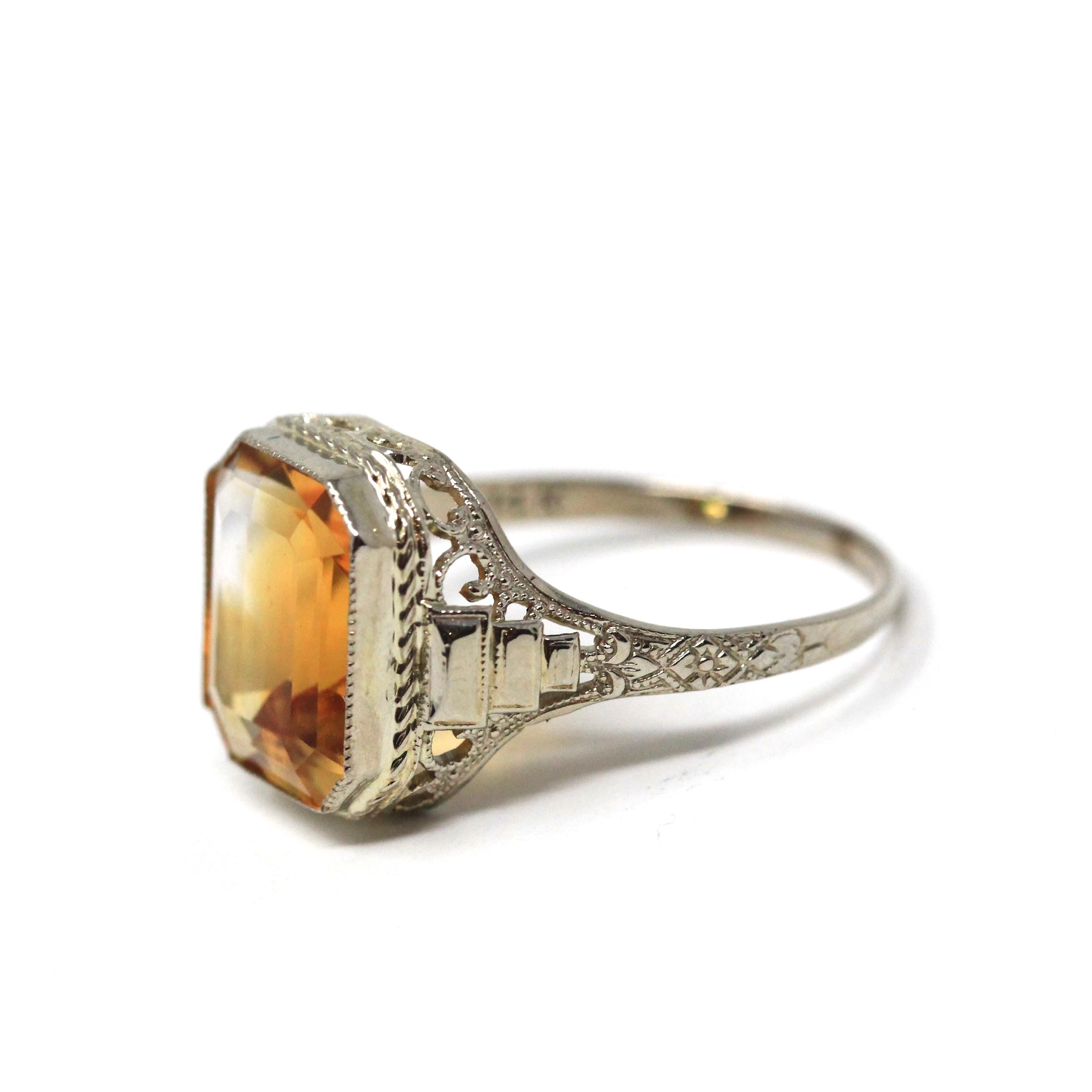Natural Citrine Ring - Art Deco 14k White Gold Emerald Cut Gemstone - Vintage Circa 1930s Era Size 8 1/2 November Birthstone Fine Jewelry