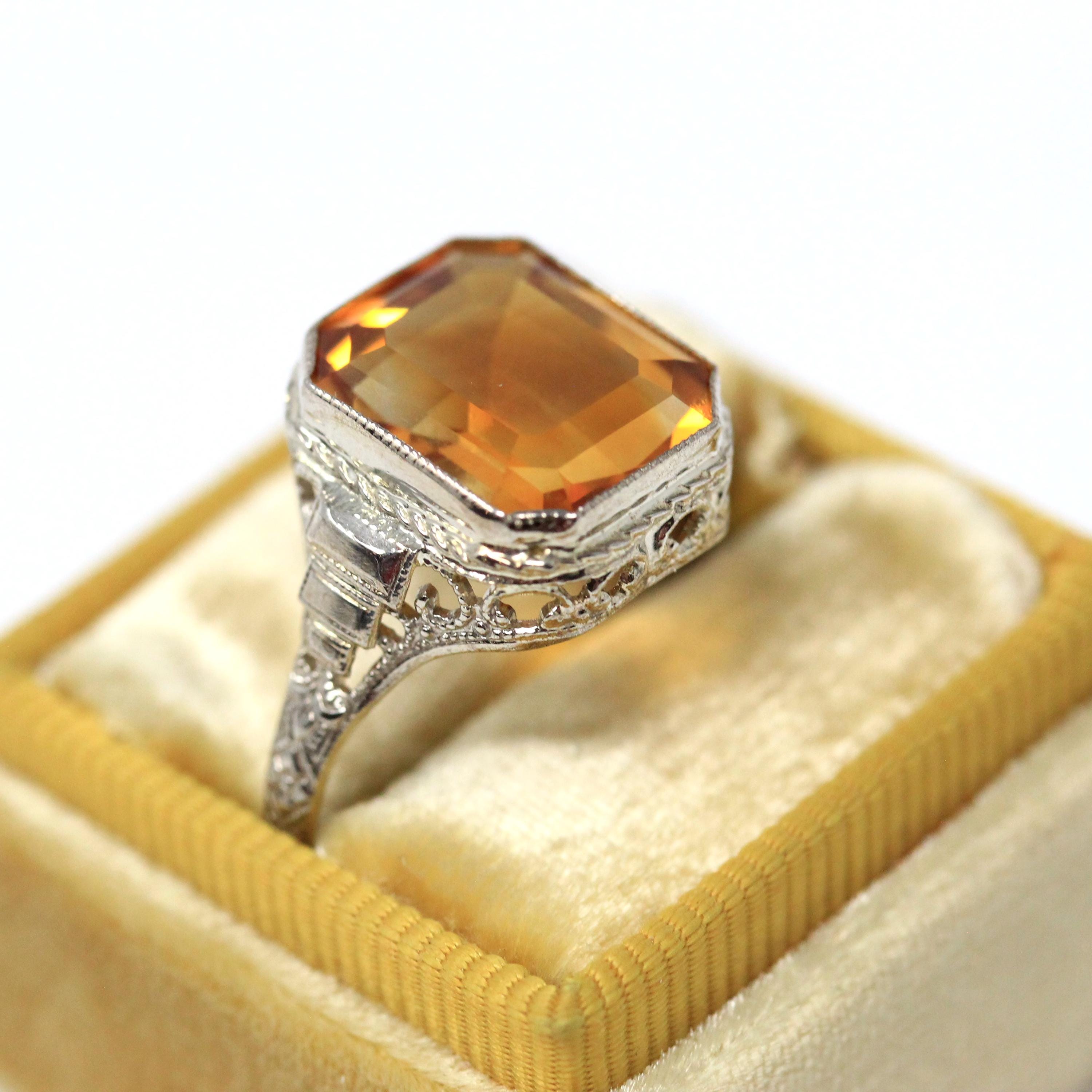 Natural Citrine Ring - Art Deco 14k White Gold Emerald Cut Gemstone - Vintage Circa 1930s Era Size 8 1/2 November Birthstone Fine Jewelry