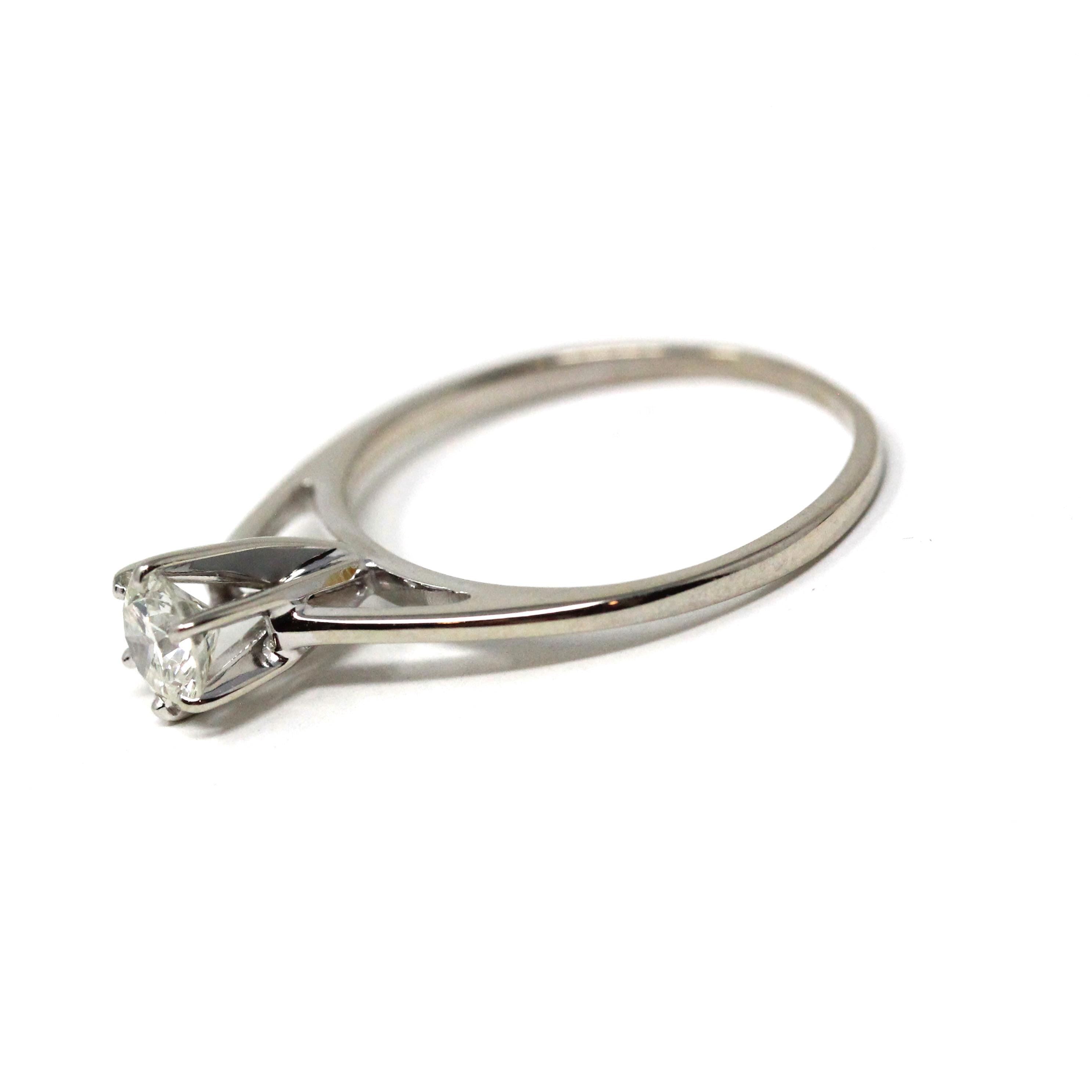 Diamond Solitaire Ring - Modern 14k White Gold Round Brilliant .37 CT Gem - Estate Size 4.75 Classic Dainty Cathedral Fine Bridal Jewelry