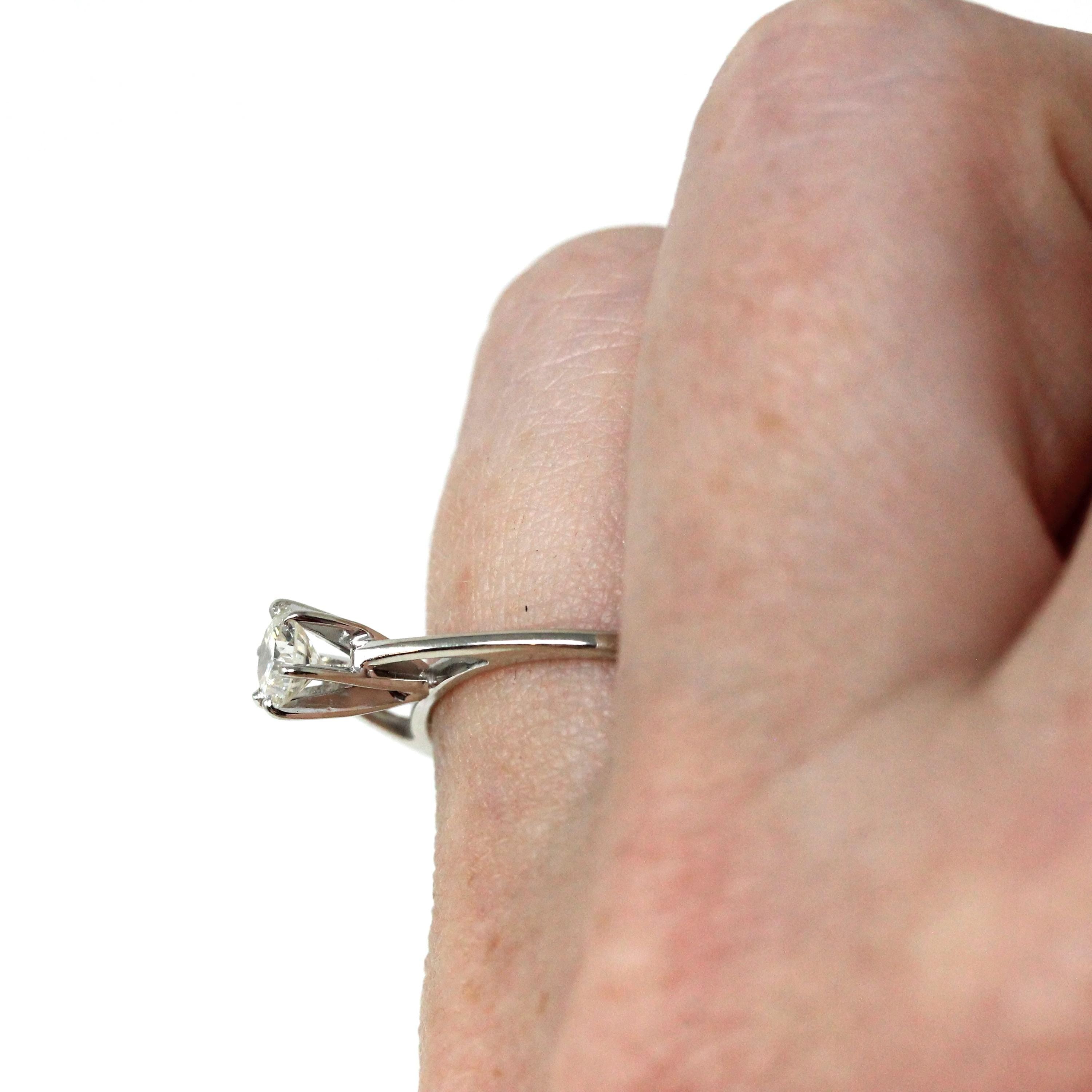 Diamond Solitaire Ring - Modern 14k White Gold Round Brilliant .37 CT Gem - Estate Size 4.75 Classic Dainty Cathedral Fine Bridal Jewelry