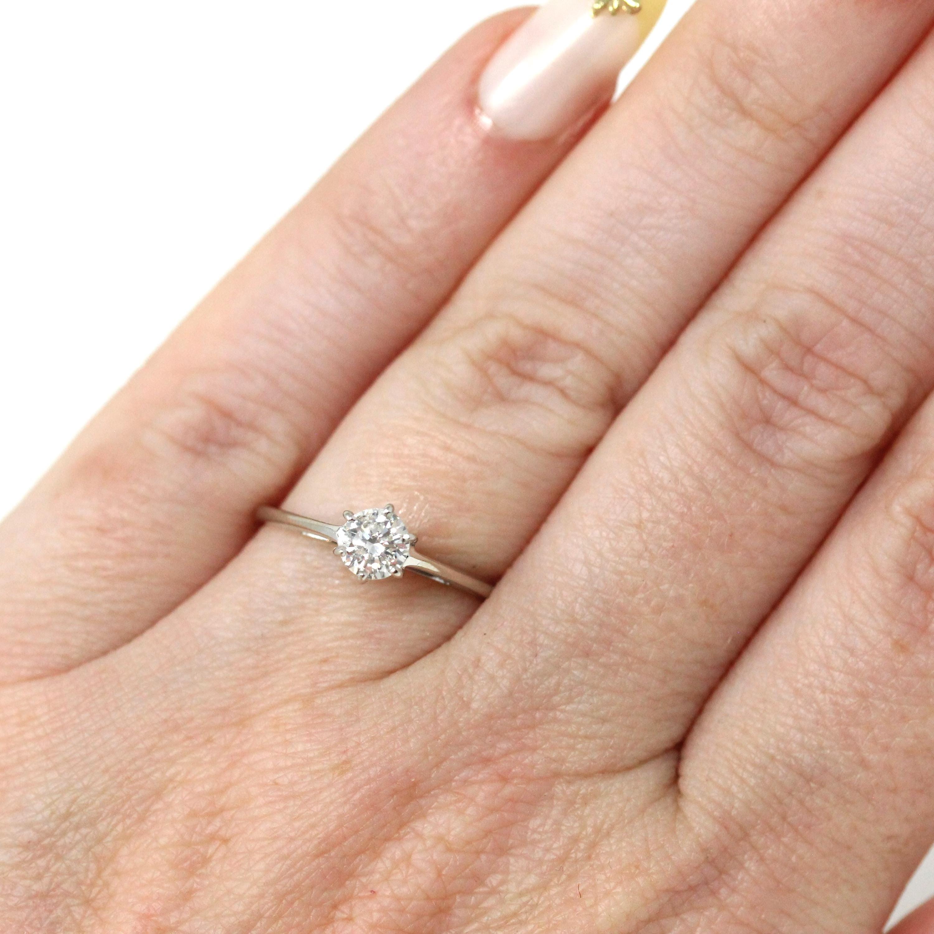 Diamond Solitaire Ring - Modern 14k White Gold Round Brilliant .37 CT Gem - Estate Size 4.75 Classic Dainty Cathedral Fine Bridal Jewelry