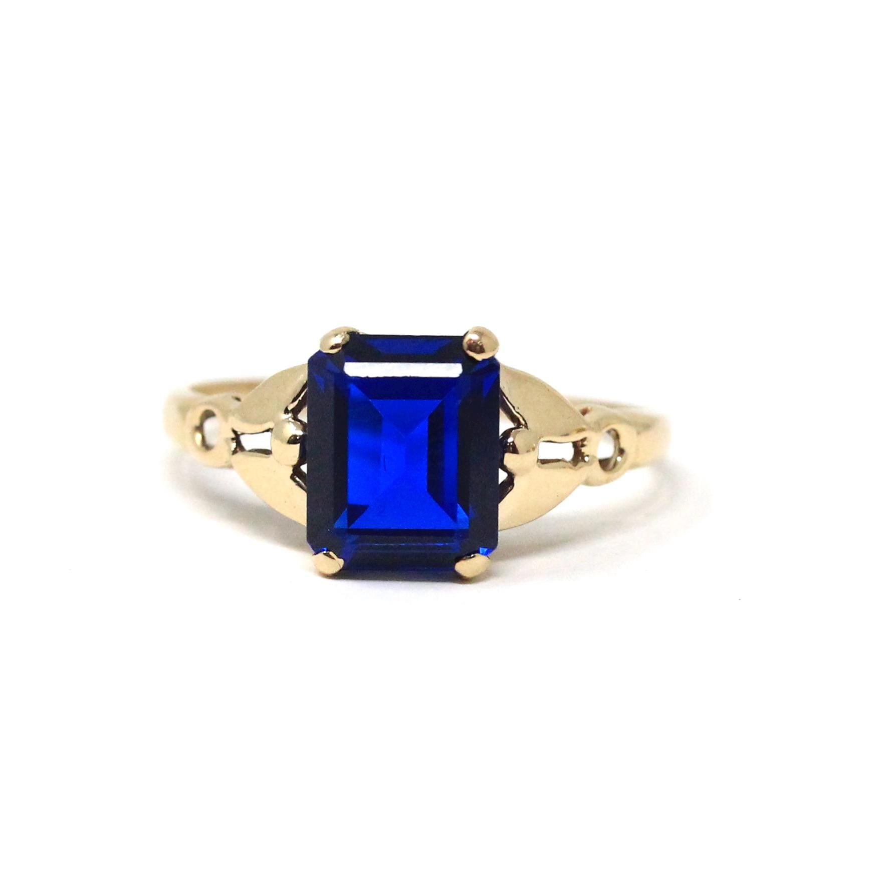 Created Spinel Ring - Mid Century 10k Yellow Gold Emerald Cut 4.41 CT Blue Stone - Circa 1940s Era Size 6 Statement Fine Birthstone Jewelry