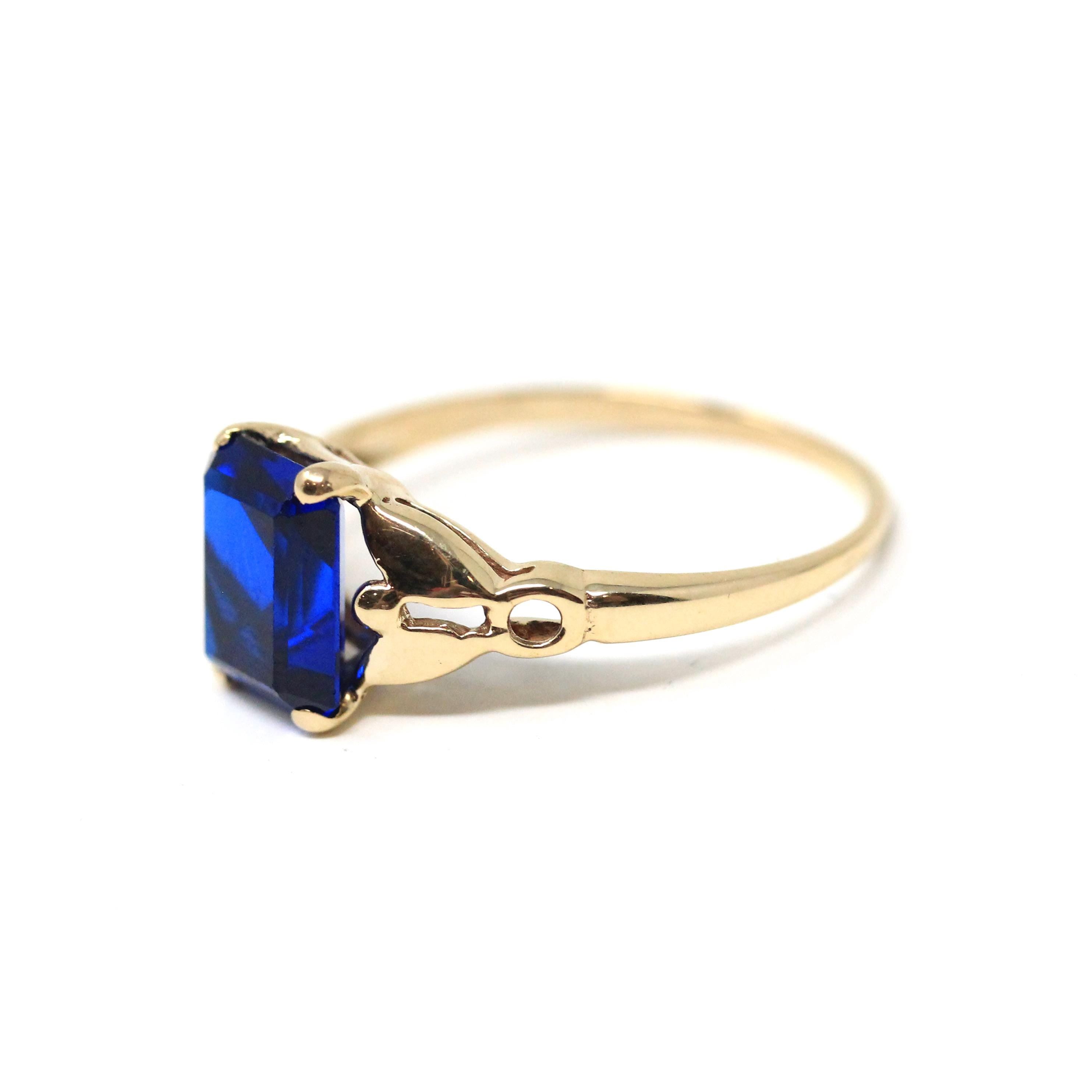 Created Spinel Ring - Mid Century 10k Yellow Gold Emerald Cut 4.41 CT Blue Stone - Circa 1940s Era Size 6 Statement Fine Birthstone Jewelry