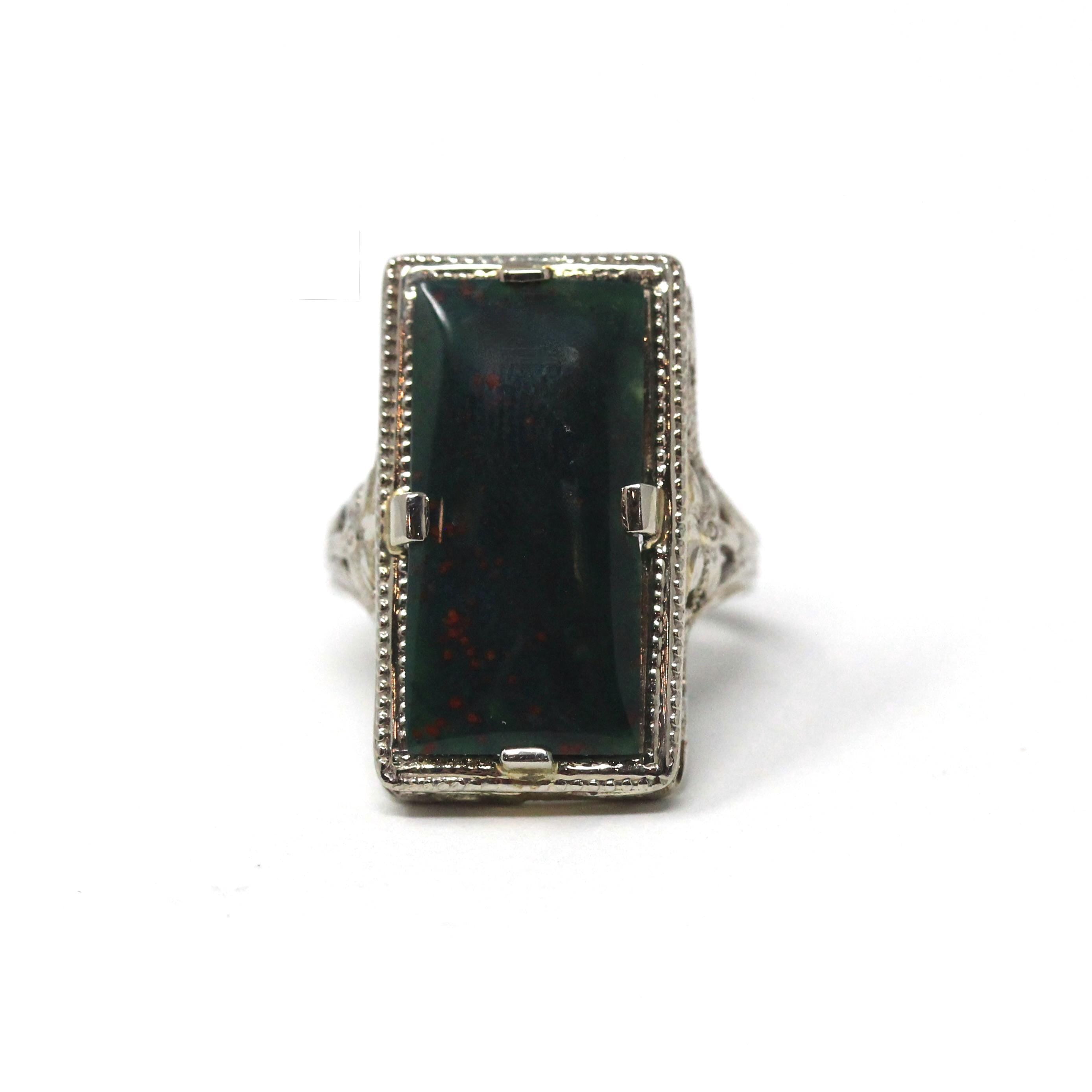 Vintage Bloodstone Ring - Art Deco 14k White Gold Dark Green Oxblood Red Gem - Circa 1930s Era Size 4 1/2 Heliotrope Fine Filigree Jewelry