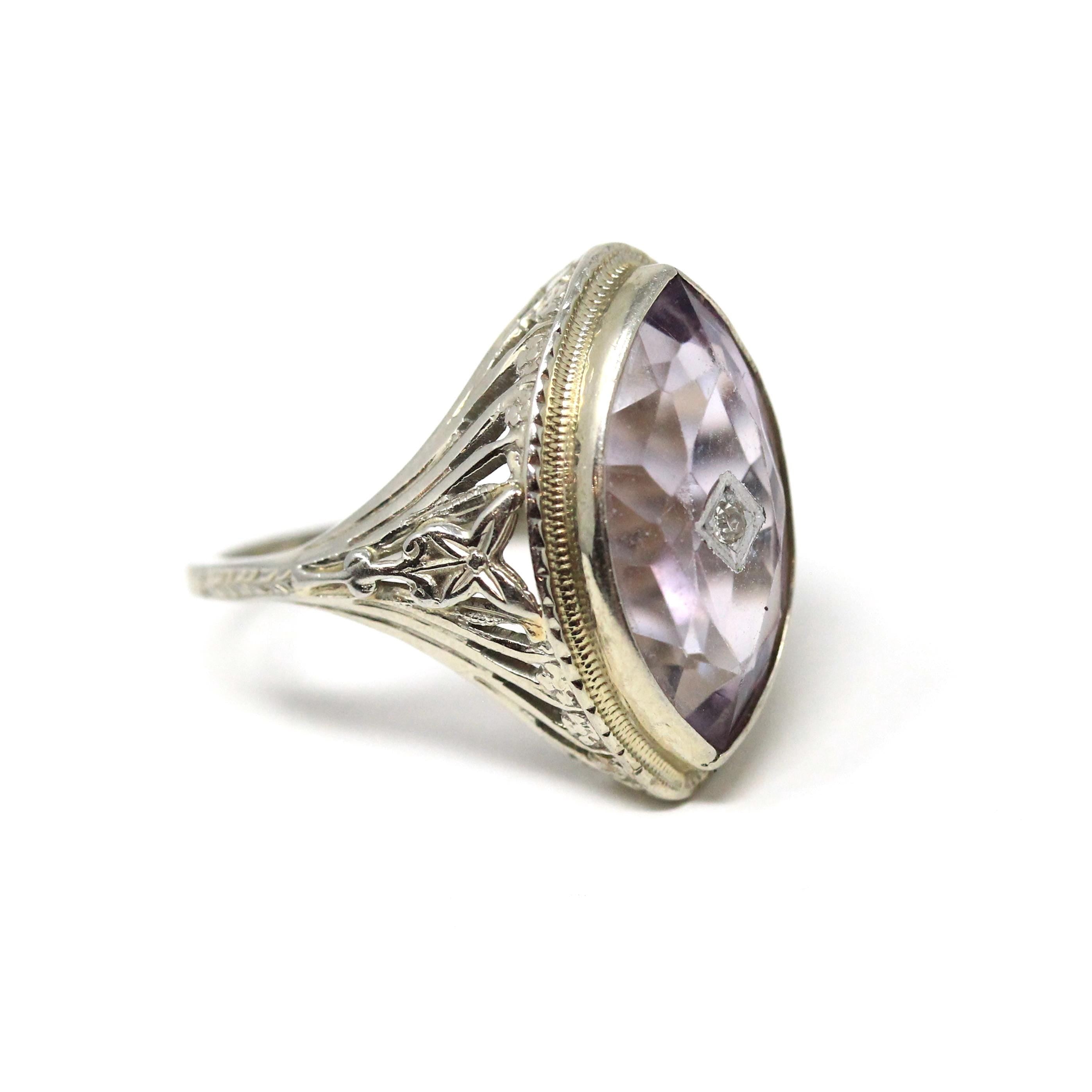 Amethyst & Diamond Ring - Art Deco 18k White Gold Marquise Cut Purple Gemstone Flower - Circa 1930s Era Size 4 1/4 Statement Fine Jewelry