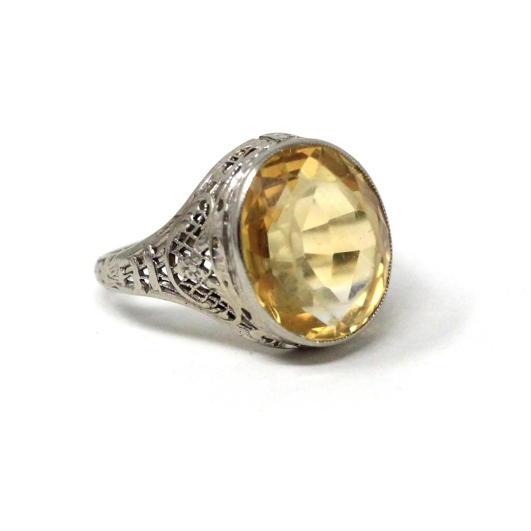 Natural Citrine Ring - Art Deco 14k White Gold Oval Faceted Gemstone - Vintage Circa 1930s Era Size 5 3/4 November Birthstone Fine Jewelry