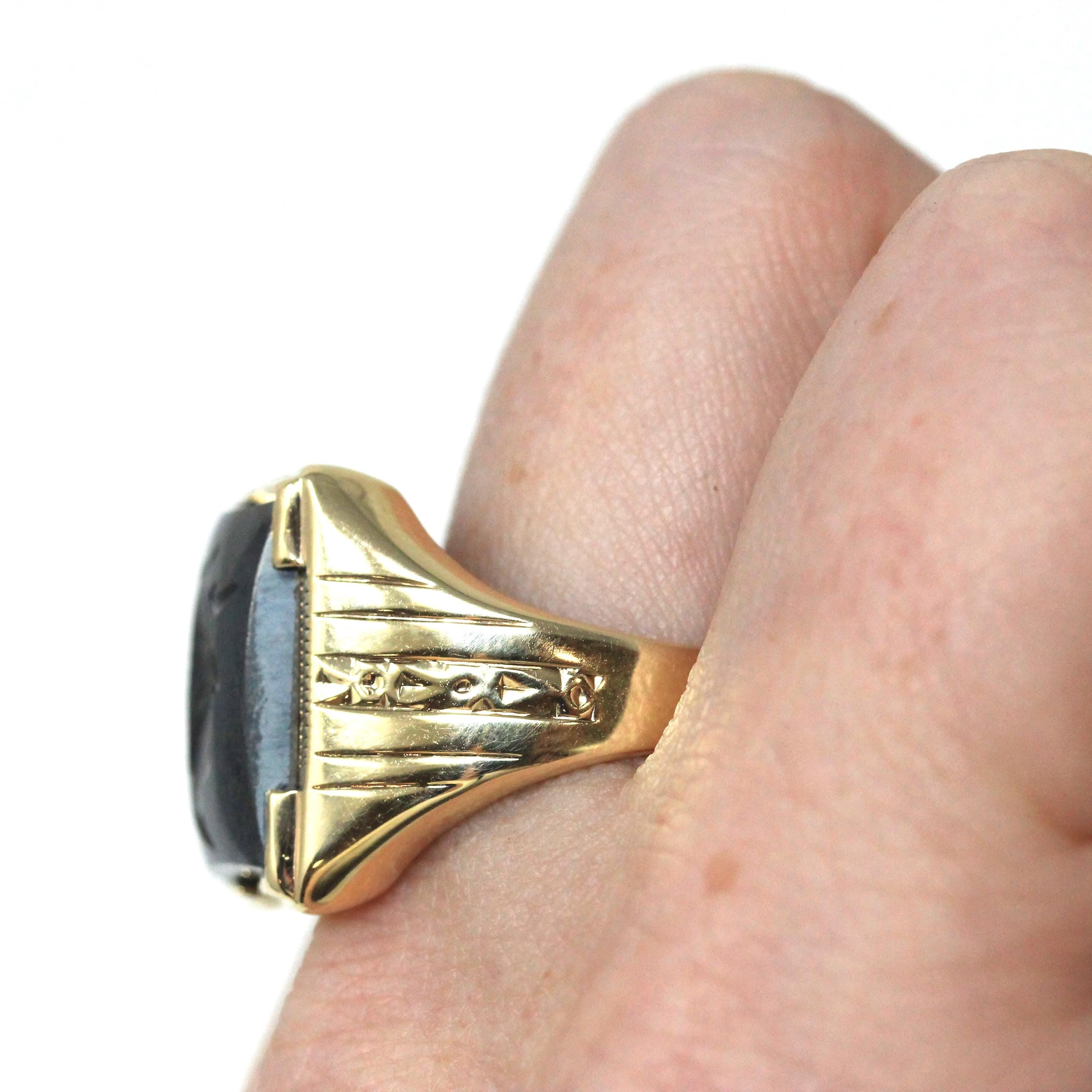 Vintage Hematite Ring - Mid Century 10k Yellow Gold Intaglio Carved Gray Gem - Circa 1940s Era Size 10 3/4 Statement Fine Unisex Jewelry