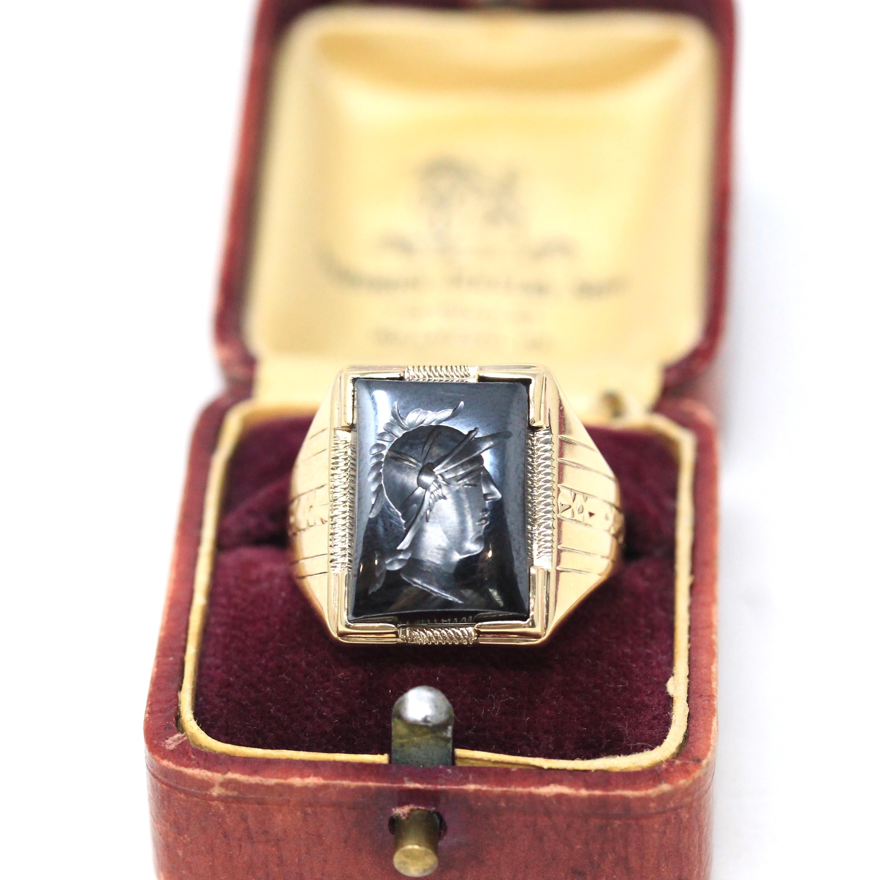Vintage Hematite Ring - Mid Century 10k Yellow Gold Intaglio Carved Gray Gem - Circa 1940s Era Size 10 3/4 Statement Fine Unisex Jewelry