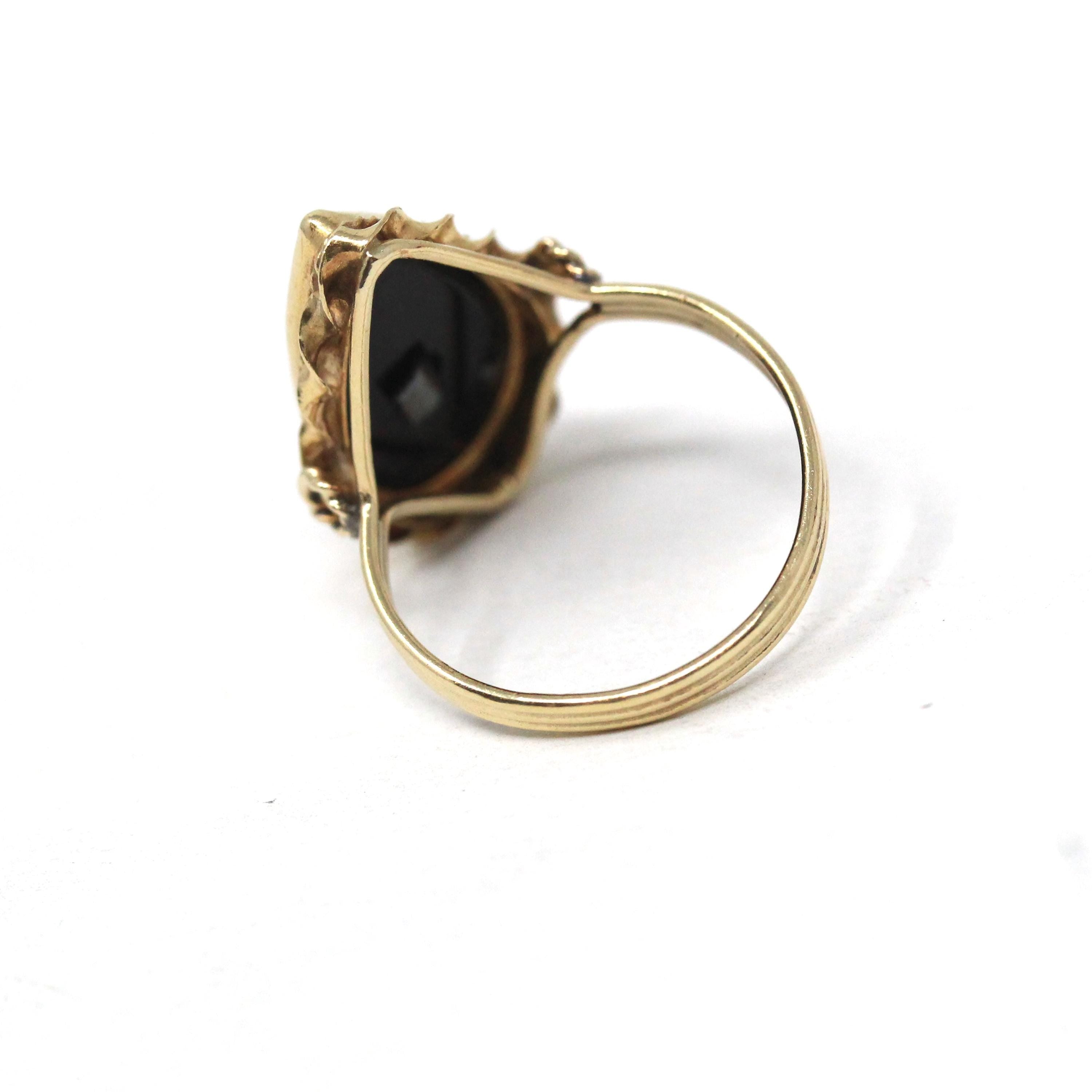 Vintage Onyx Ring - Mid Century 14k Yellow Gold Pear Teardrop Black Chalcedony Natural Diamond - Circa 1960s Era Size 5 3/4 Fine 60s Jewelry