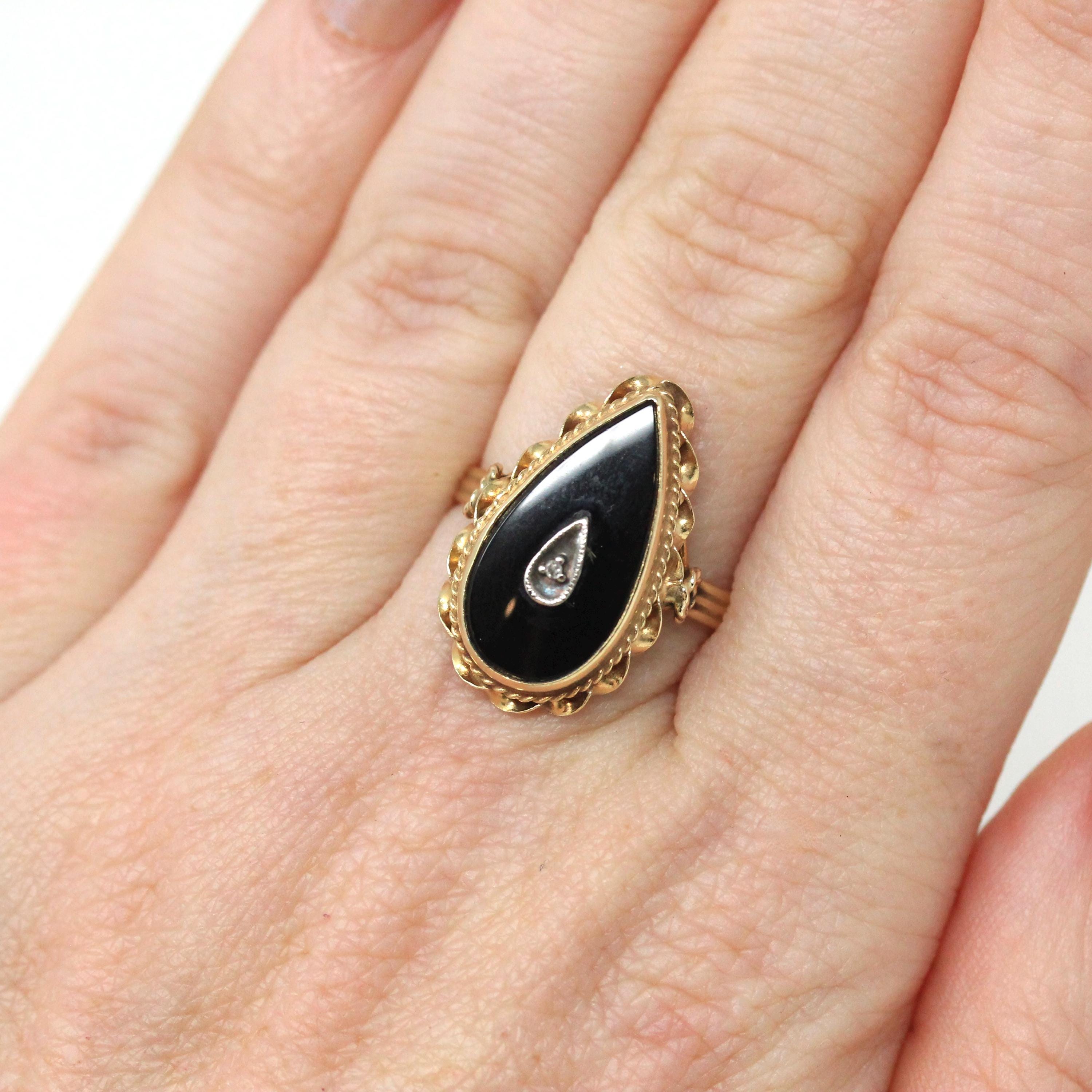 Vintage Onyx Ring - Mid Century 14k Yellow Gold Pear Teardrop Black Chalcedony Natural Diamond - Circa 1960s Era Size 5 3/4 Fine 60s Jewelry