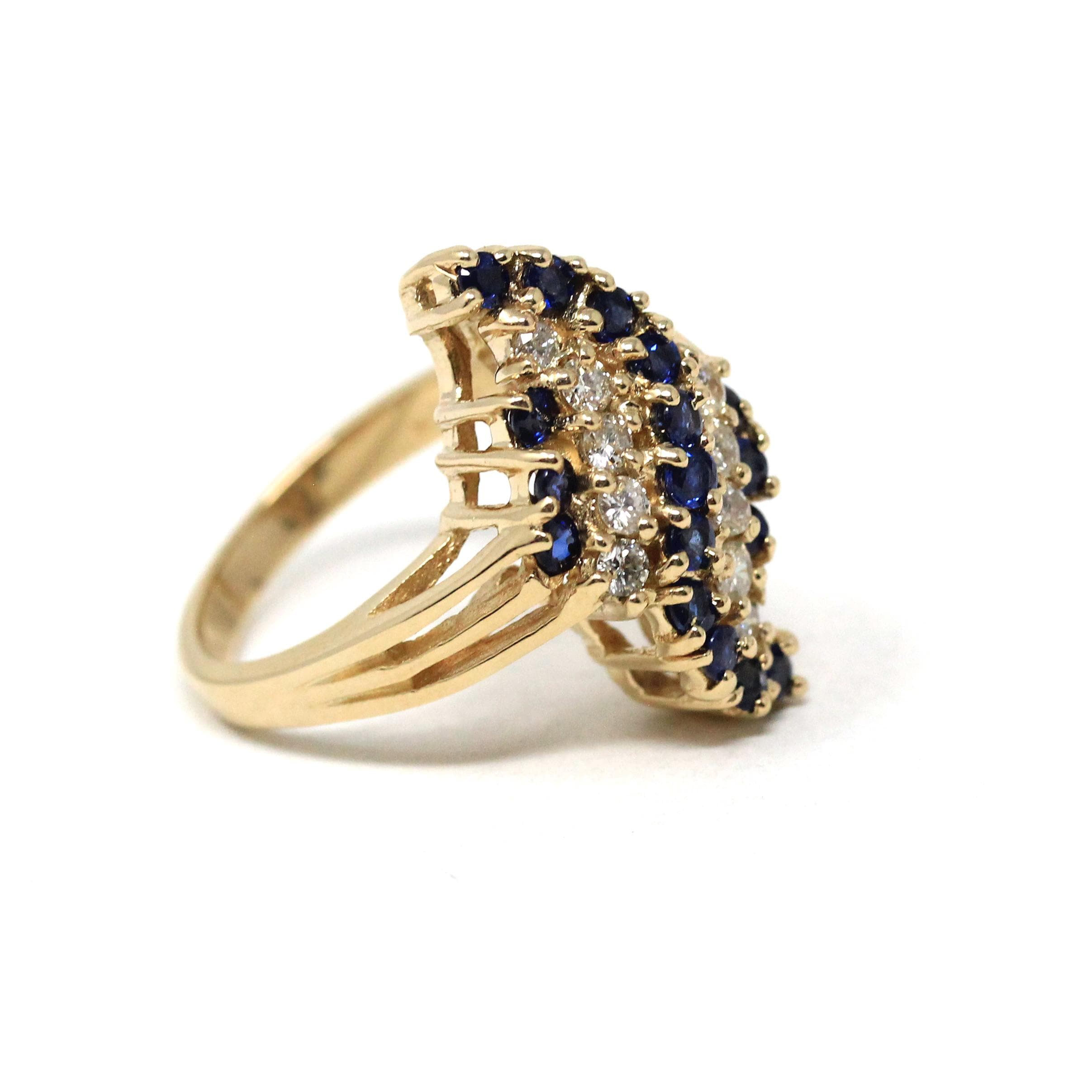 Sapphire & Diamond Ring - Modern 14k Yellow Gold Bypass Style Split Shank - Estate Circa 1980s Era Size 7 Fine Statement Engagement Jewelry