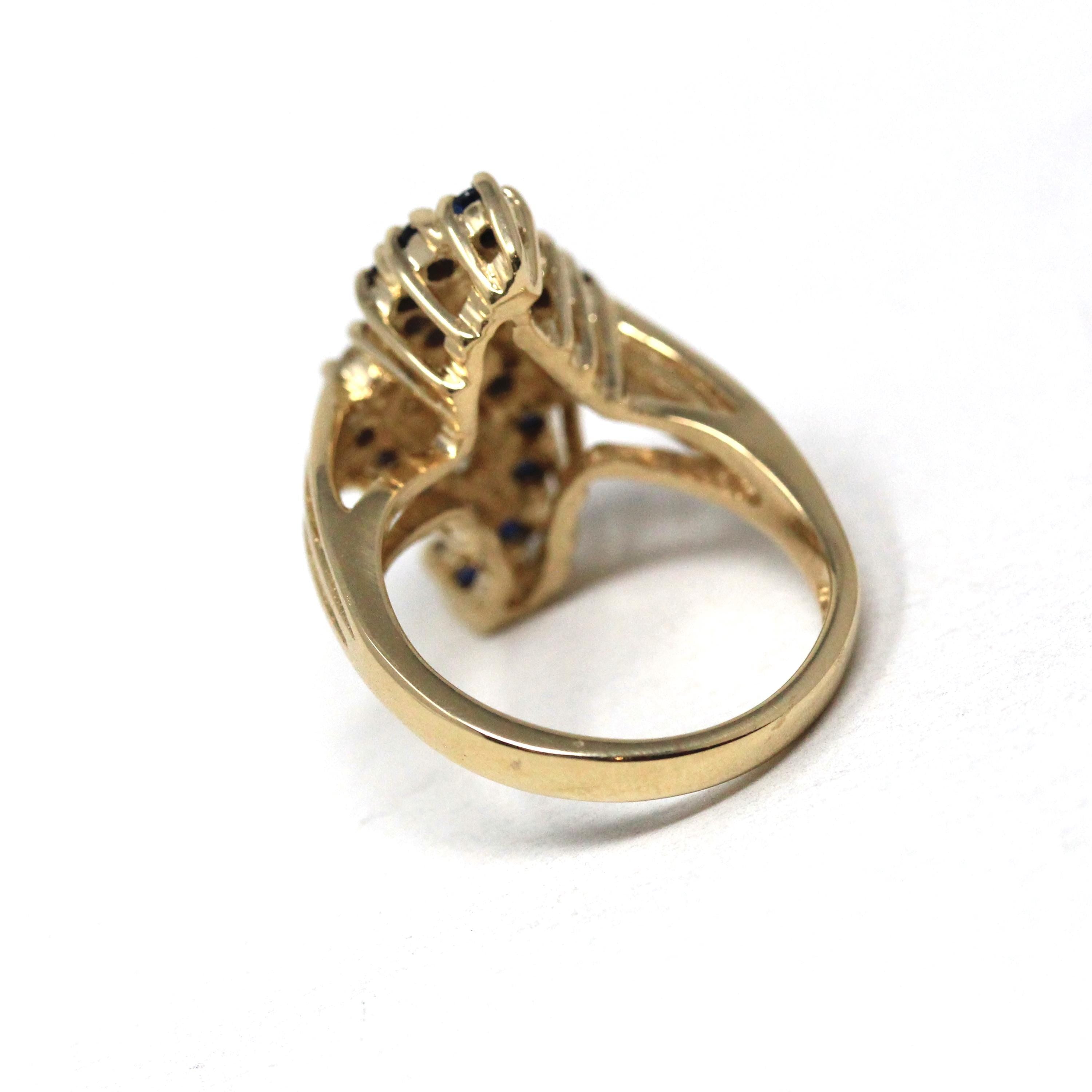 Sapphire & Diamond Ring - Modern 14k Yellow Gold Bypass Style Split Shank - Estate Circa 1980s Era Size 7 Fine Statement Engagement Jewelry
