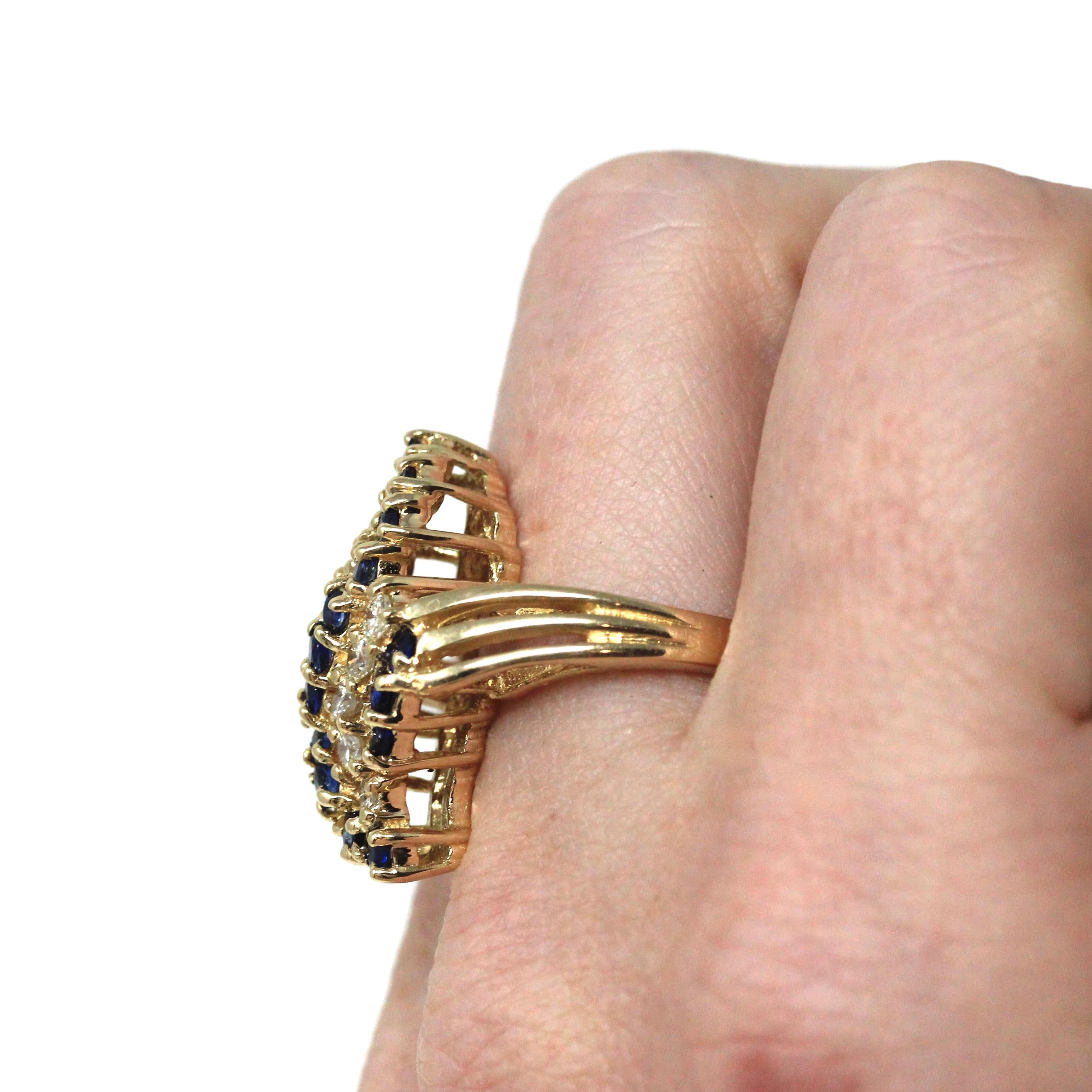 Sapphire & Diamond Ring - Modern 14k Yellow Gold Bypass Style Split Shank - Estate Circa 1980s Era Size 7 Fine Statement Engagement Jewelry