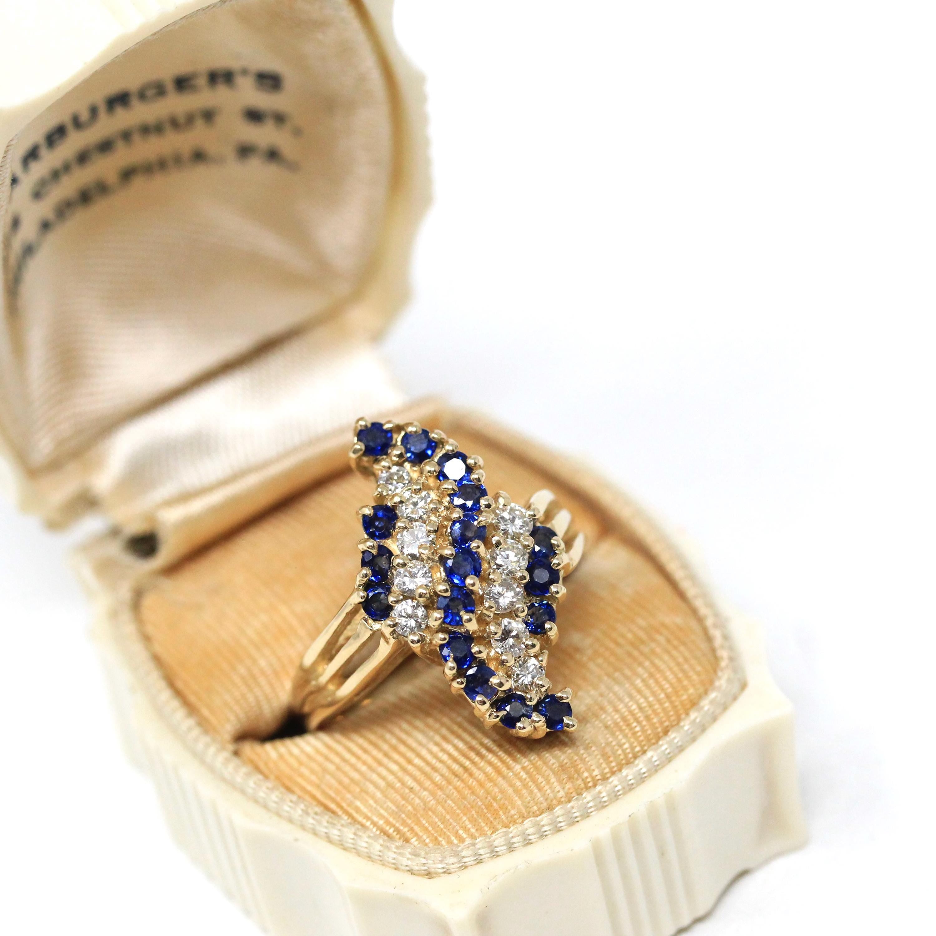 Sapphire & Diamond Ring - Modern 14k Yellow Gold Bypass Style Split Shank - Estate Circa 1980s Era Size 7 Fine Statement Engagement Jewelry