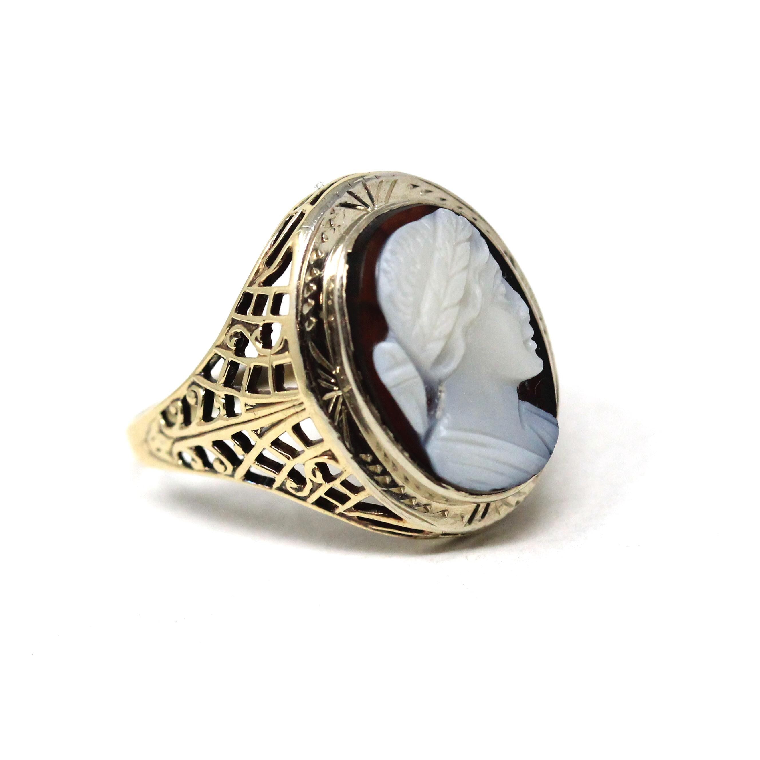 Art Deco Cameo Ring - Vintage 10k Yellow Gold Carved Genuine Sardonyx Woman's Profile - Circa 1930s Era Size 6 1/4 Statement Fine Jewelry