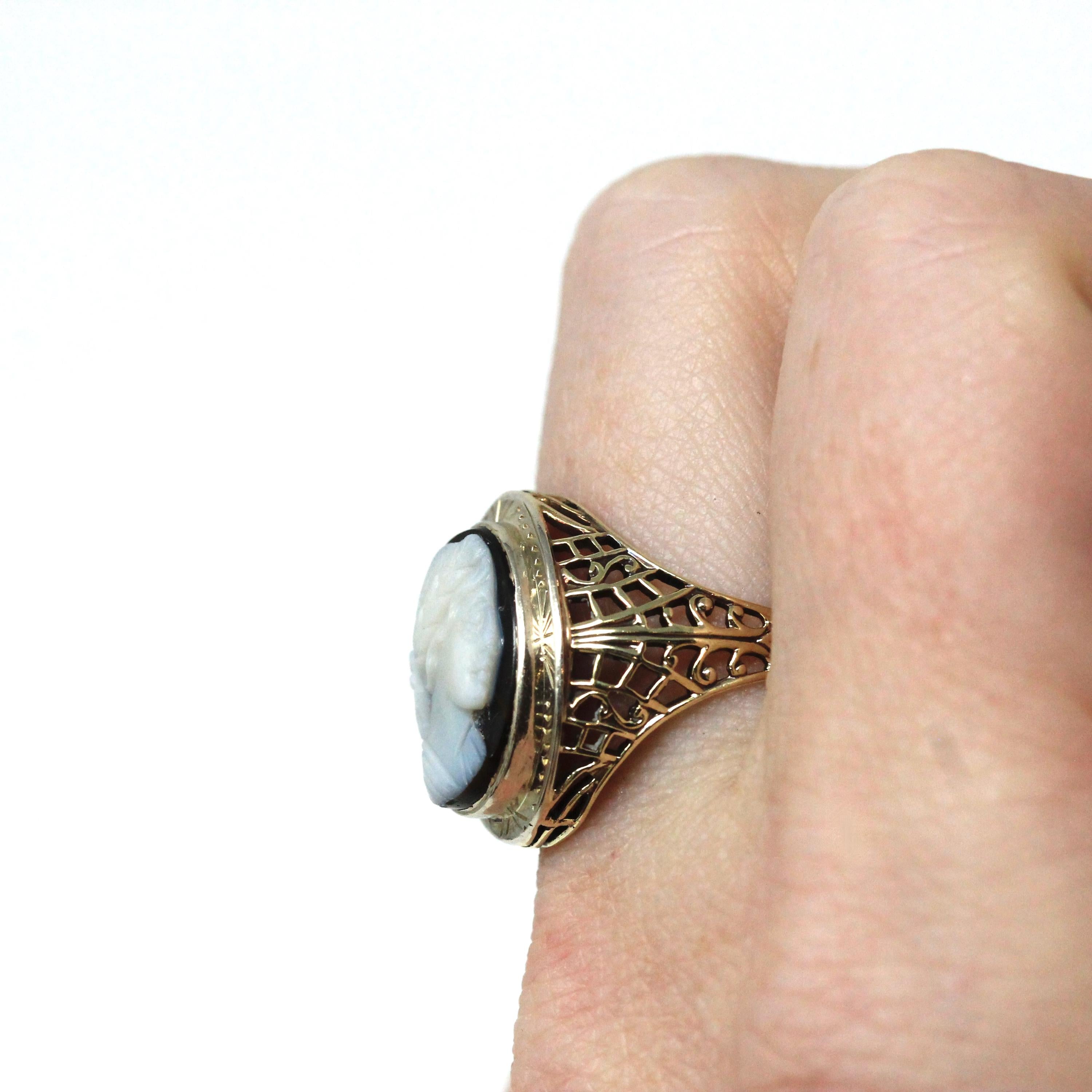 Art Deco Cameo Ring - Vintage 10k Yellow Gold Carved Genuine Sardonyx Woman's Profile - Circa 1930s Era Size 6 1/4 Statement Fine Jewelry
