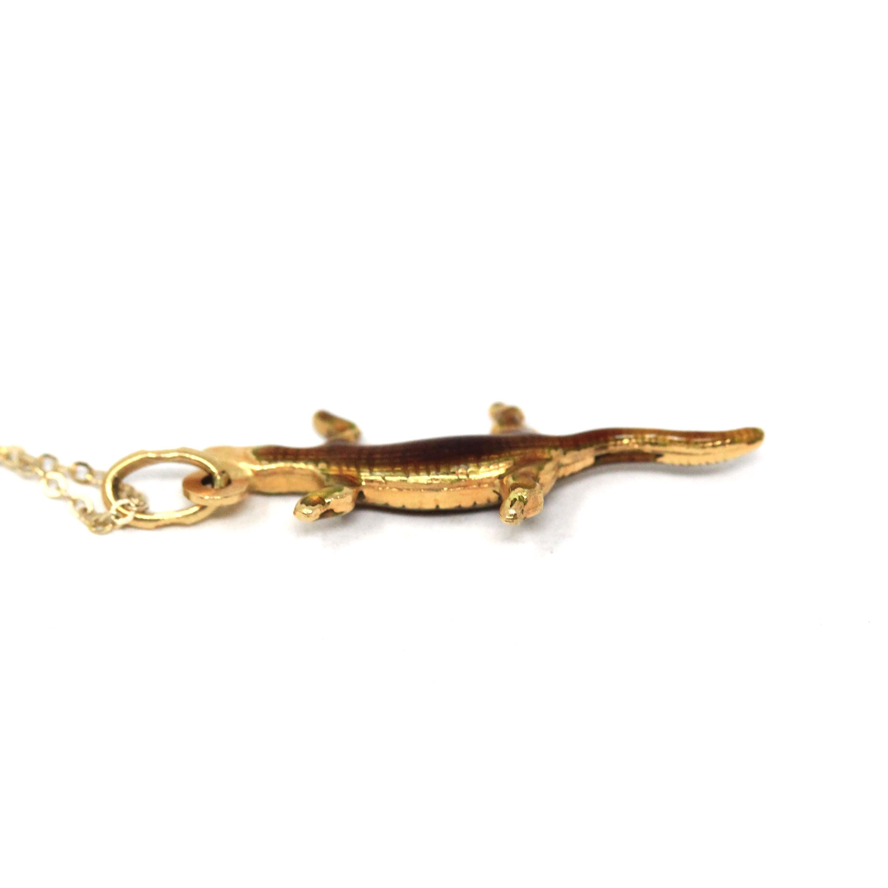 Vintage Lizard Necklace - Retro 18k Yellow Gold & Enamel Figural Reptile Charm - Circa 1960s Era Dainty Pendant Fine Statement 60s Jewelry