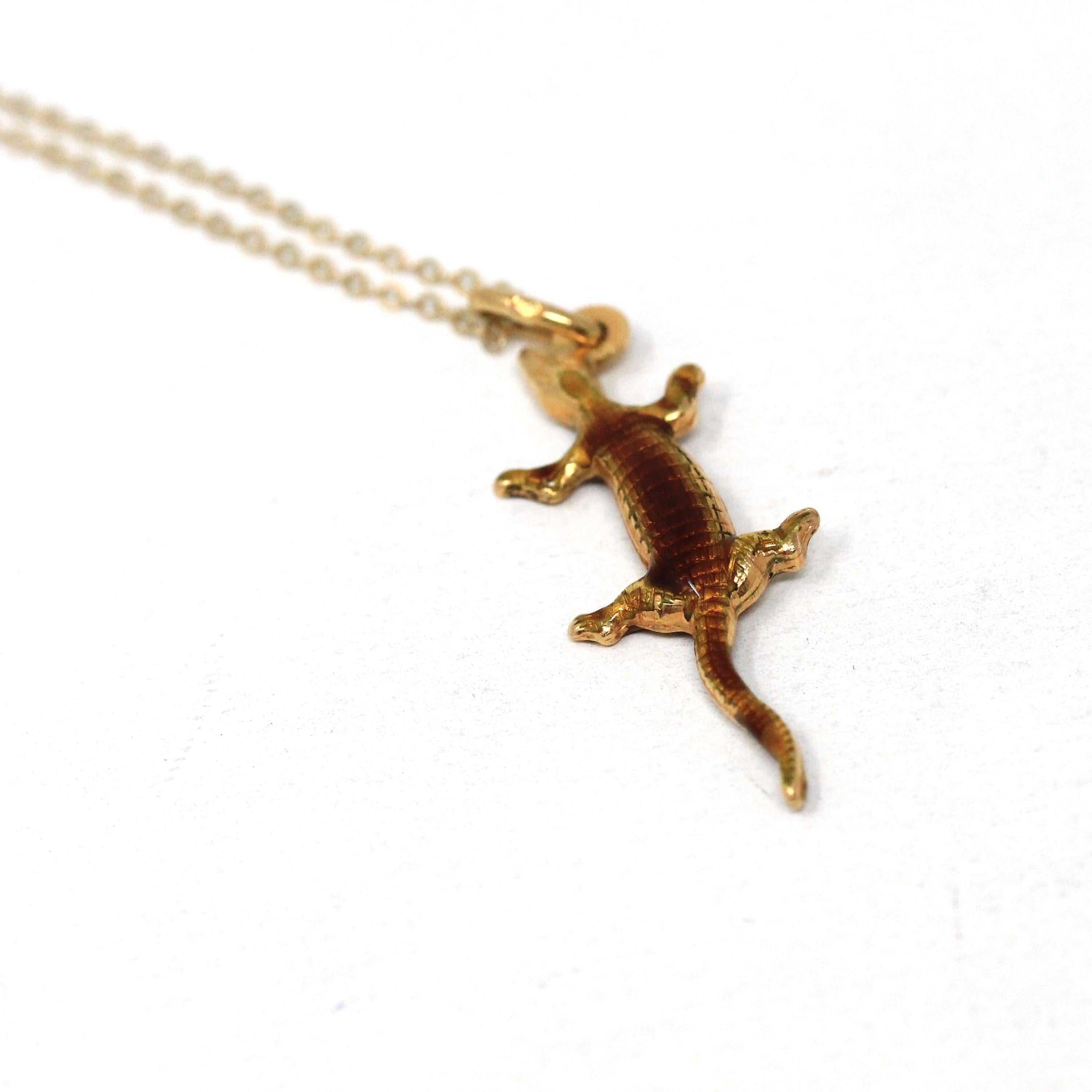 Vintage Lizard Necklace - Retro 18k Yellow Gold & Enamel Figural Reptile Charm - Circa 1960s Era Dainty Pendant Fine Statement 60s Jewelry