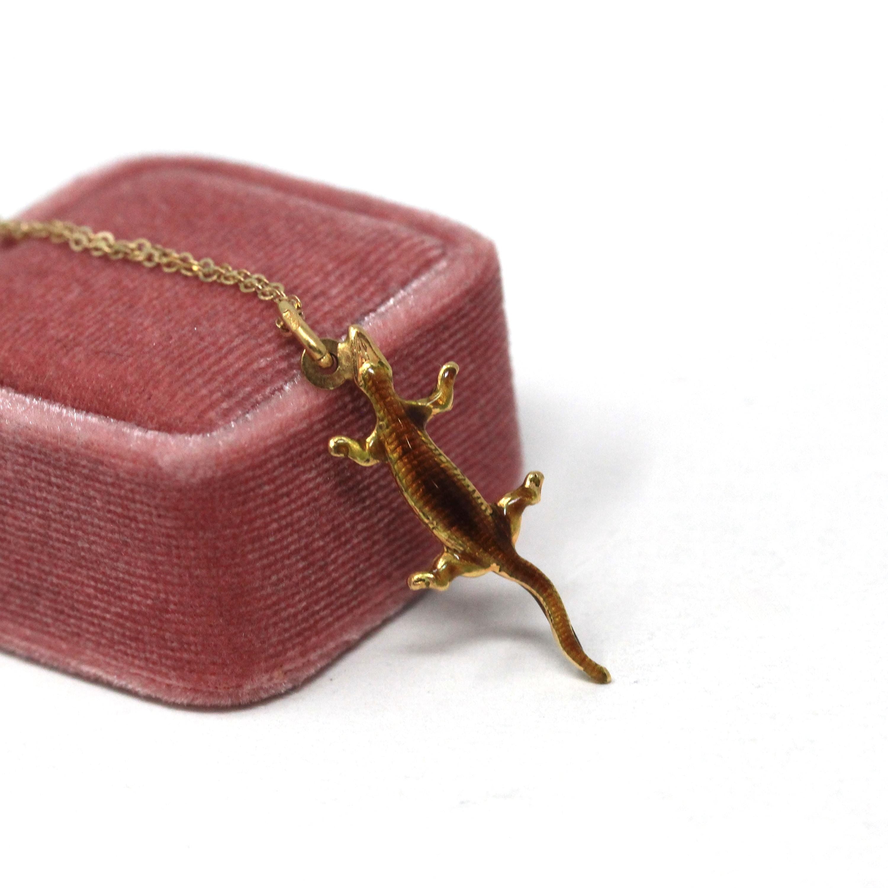 Vintage Lizard Necklace - Retro 18k Yellow Gold & Enamel Figural Reptile Charm - Circa 1960s Era Dainty Pendant Fine Statement 60s Jewelry
