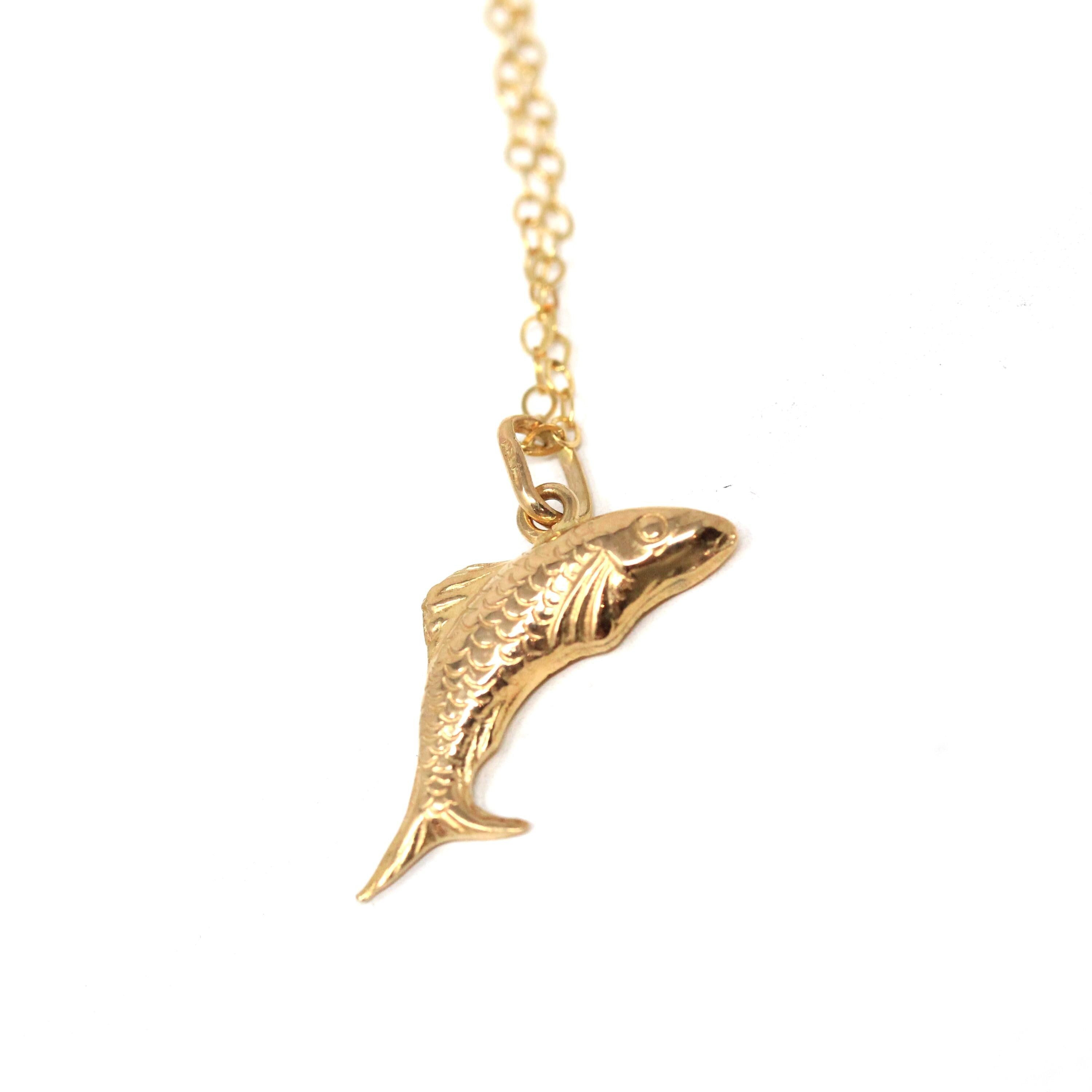 Modern Fish Necklace - Estate 18k Yellow Gold Fishing Pendant Charm - Estate Circa 2000s Jumping Sea Life Ocean Scales Pendant Fine Jewelry