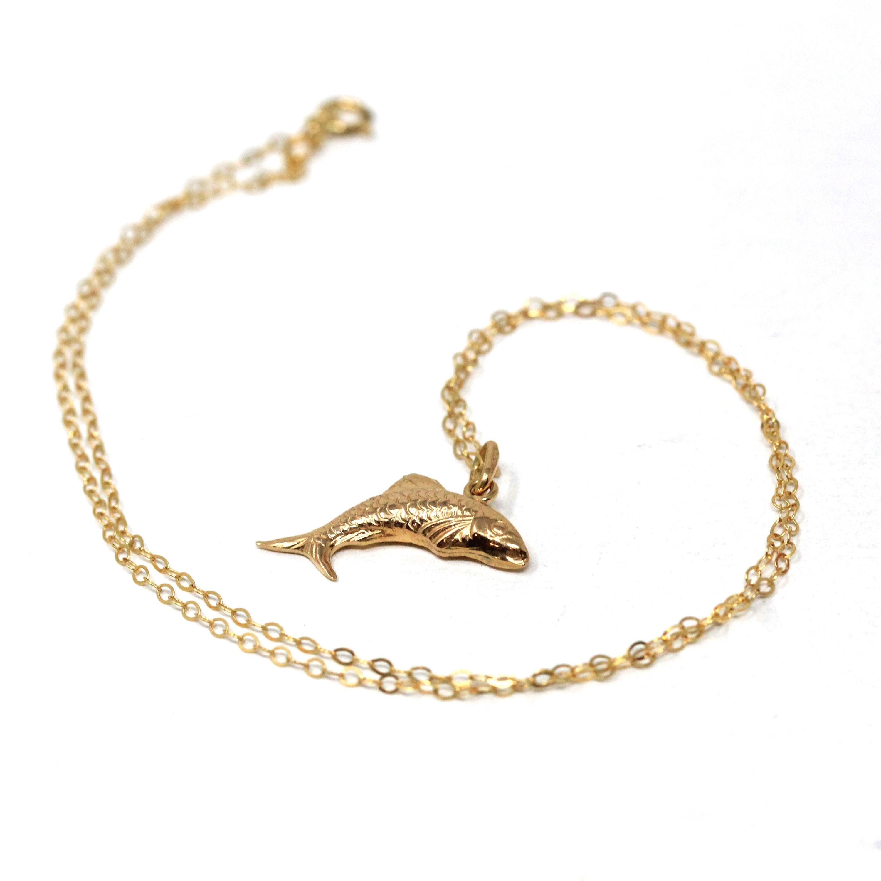 Modern Fish Necklace - Estate 18k Yellow Gold Fishing Pendant Charm - Estate Circa 2000s Jumping Sea Life Ocean Scales Pendant Fine Jewelry