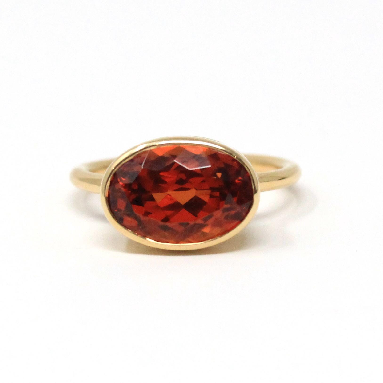 Spessartine Garnet Ring - 18k Yellow Gold Bezel Set Genuine Orange Red Gemstone - Modern Size 6 Statement Fine Cocktail East West Jewelry