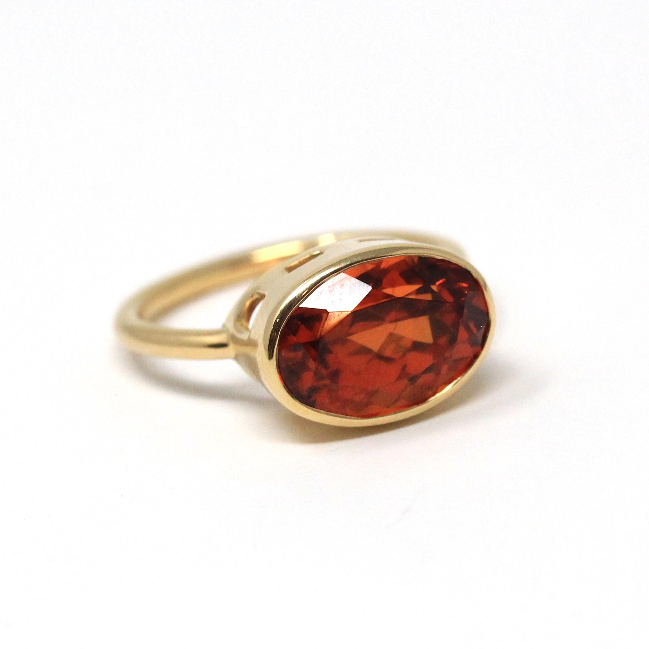 Spessartine Garnet Ring - 18k Yellow Gold Bezel Set Genuine Orange Red Gemstone - Modern Size 6 Statement Fine Cocktail East West Jewelry