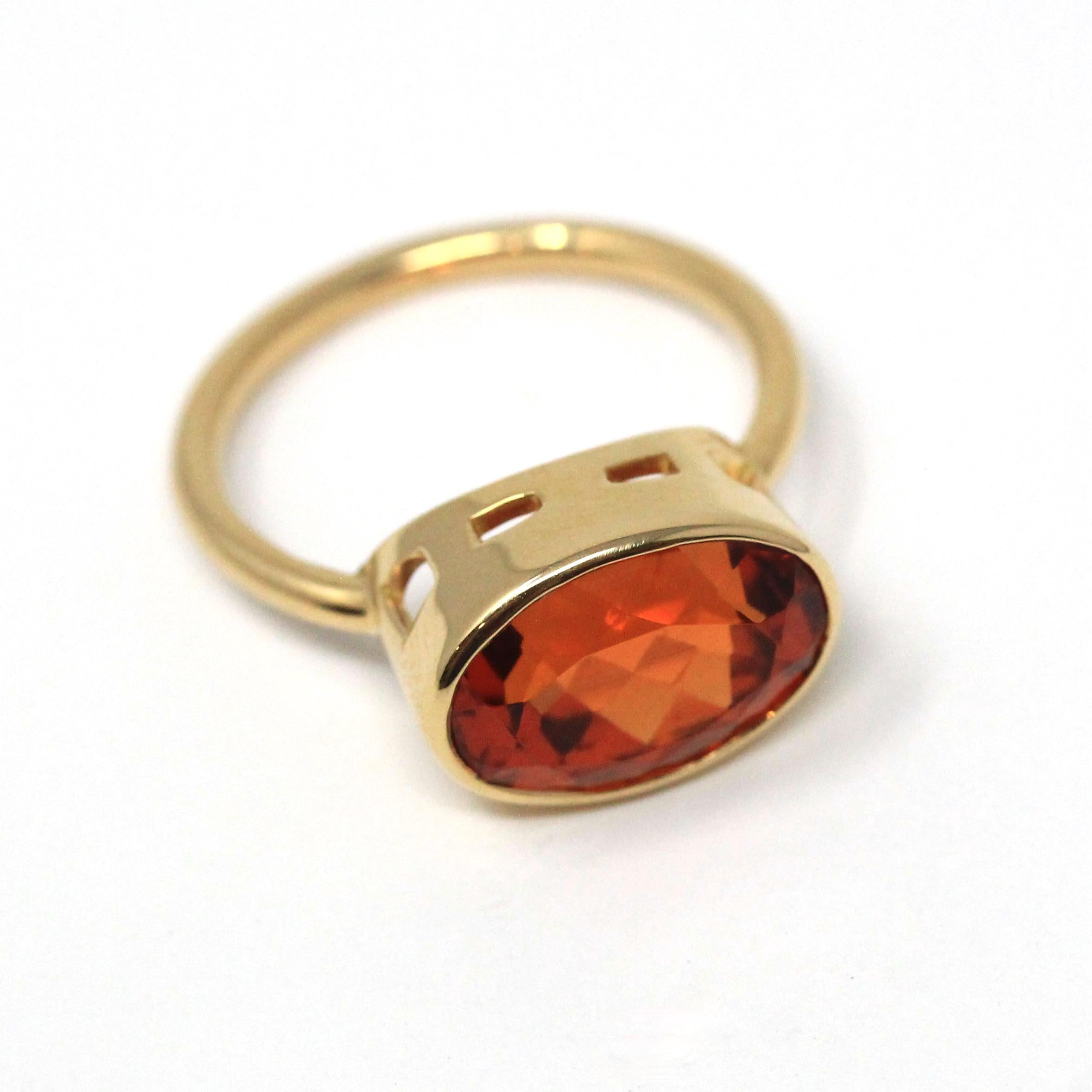Spessartine Garnet Ring - 18k Yellow Gold Bezel Set Genuine Orange Red Gemstone - Modern Size 6 Statement Fine Cocktail East West Jewelry
