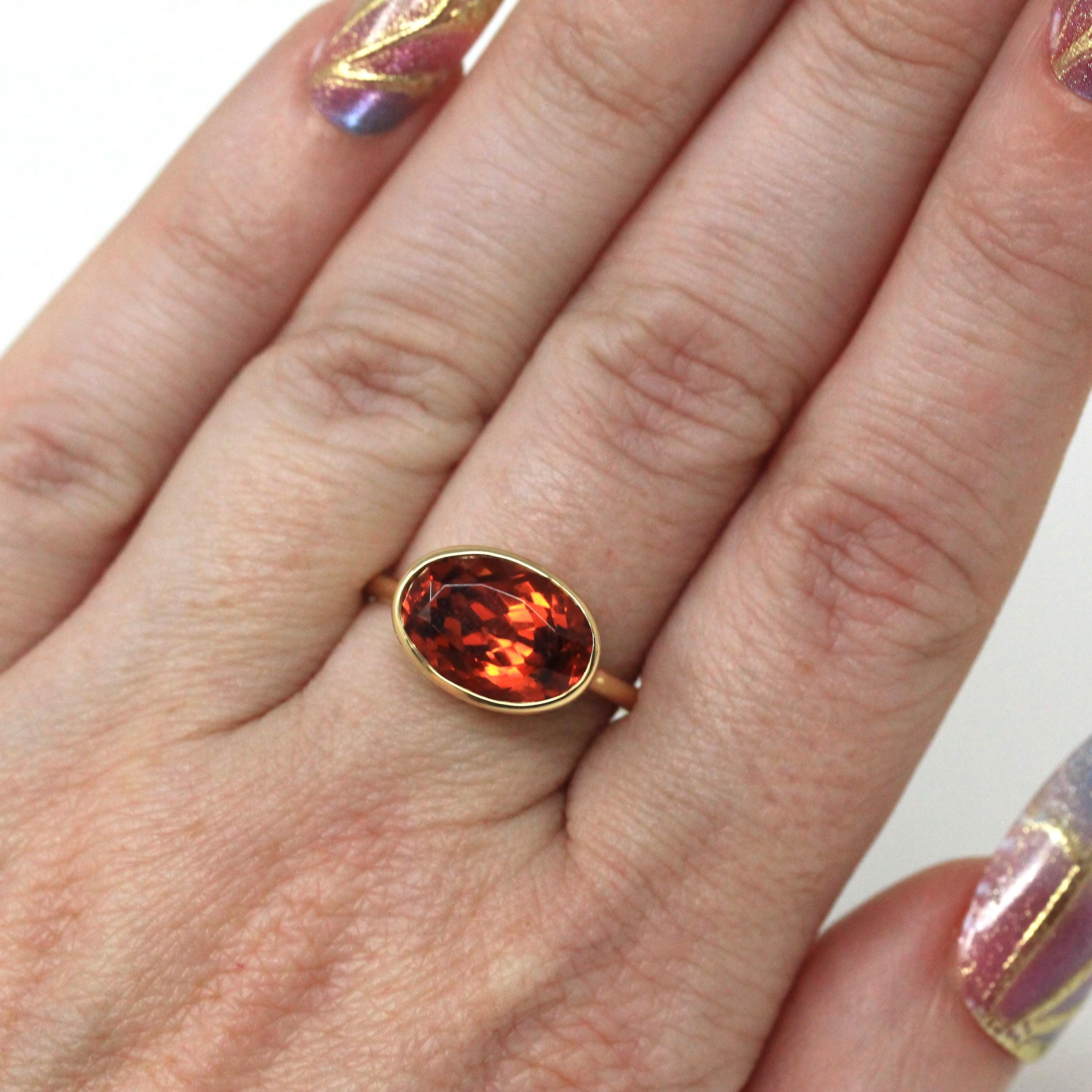 Spessartine Garnet Ring - 18k Yellow Gold Bezel Set Genuine Orange Red Gemstone - Modern Size 6 Statement Fine Cocktail East West Jewelry