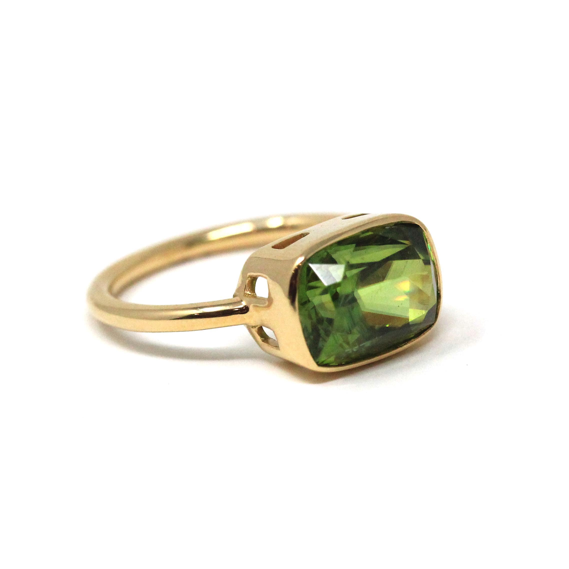 Modern Sphene Ring - 18k Yellow Gold Bezel Set Natural Genuine Green Gemstone - Size 6 Statement Fine Cocktail East West Cocktail Jewelry
