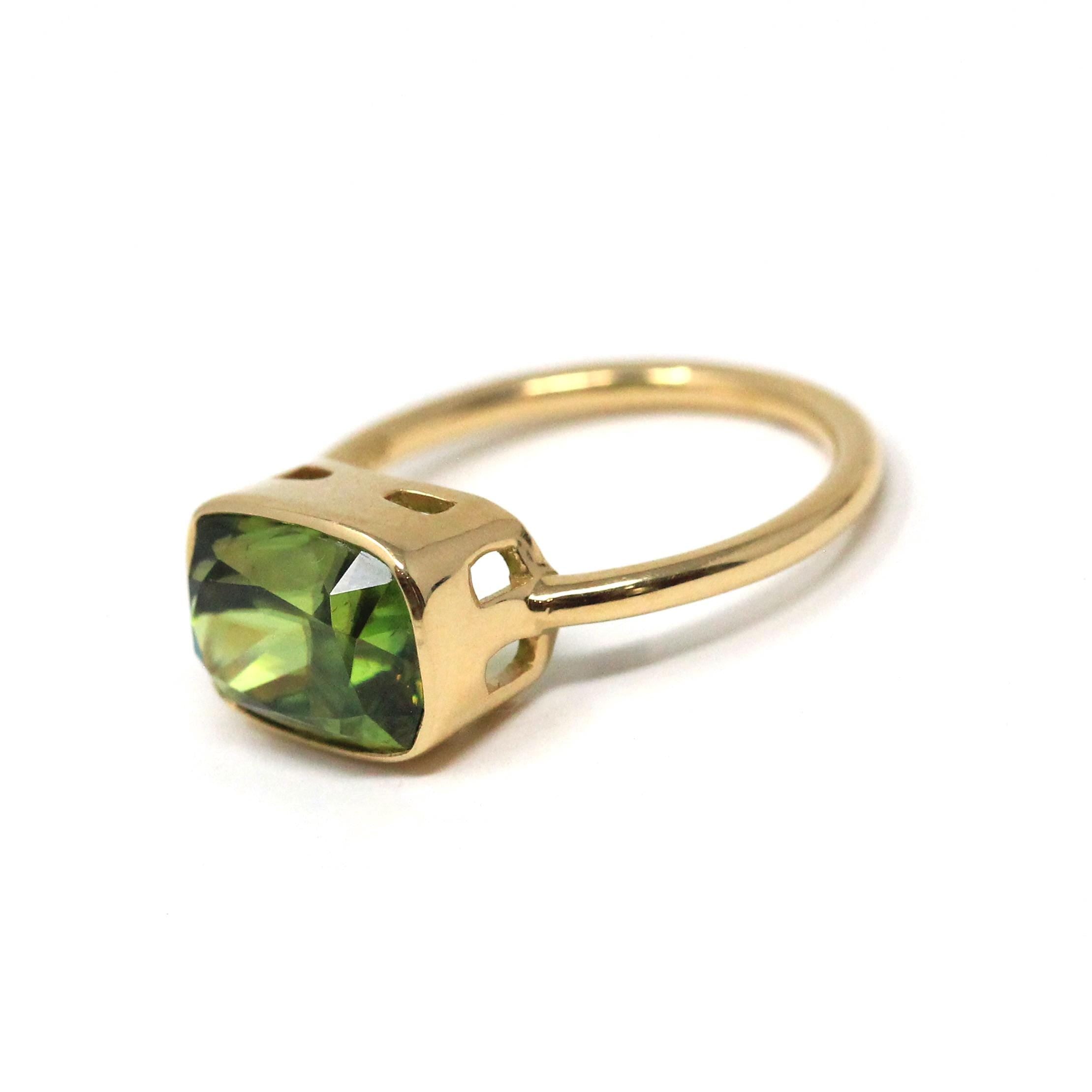 Modern Sphene Ring - 18k Yellow Gold Bezel Set Natural Genuine Green Gemstone - Size 6 Statement Fine Cocktail East West Cocktail Jewelry