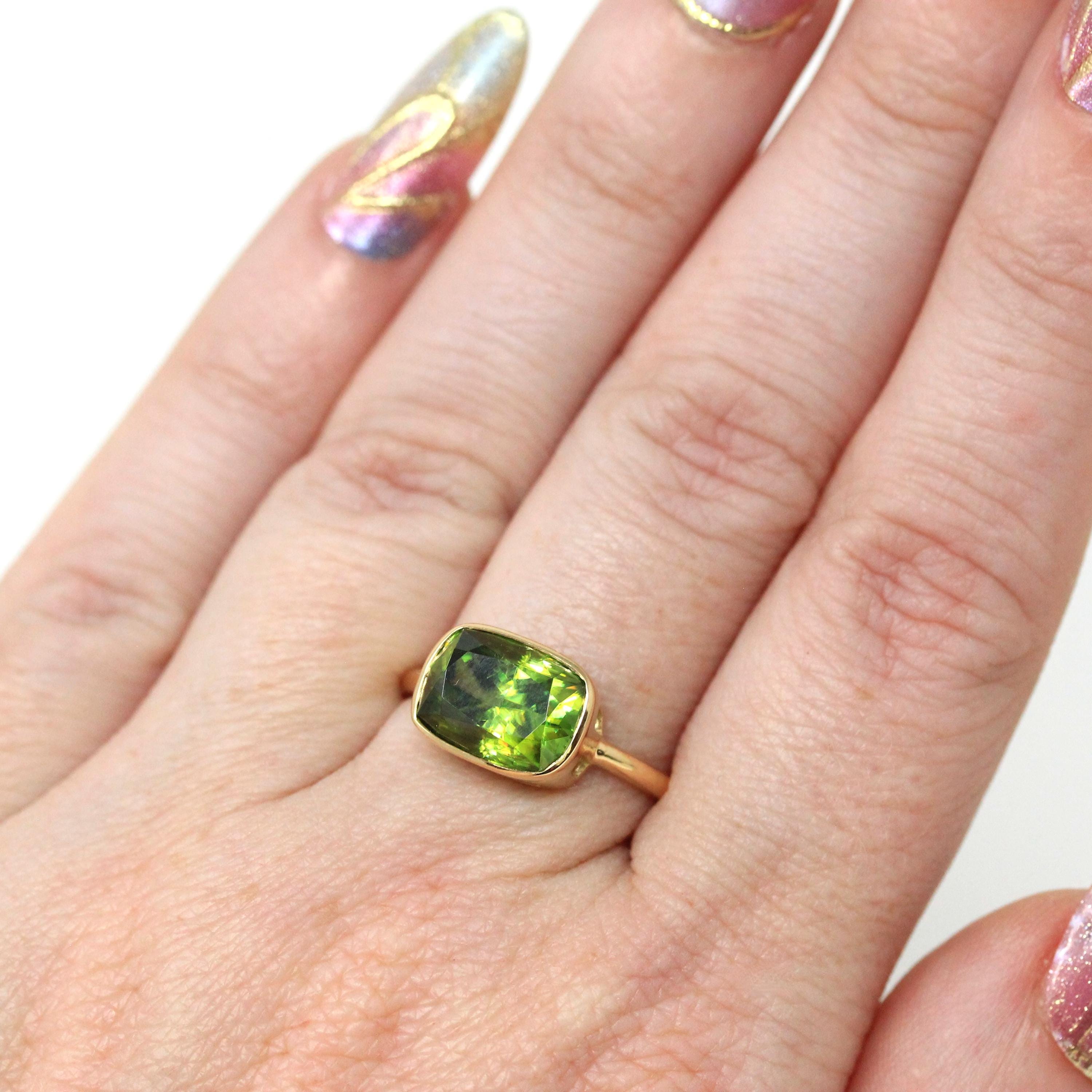Modern Sphene Ring - 18k Yellow Gold Bezel Set Natural Genuine Green Gemstone - Size 6 Statement Fine Cocktail East West Cocktail Jewelry