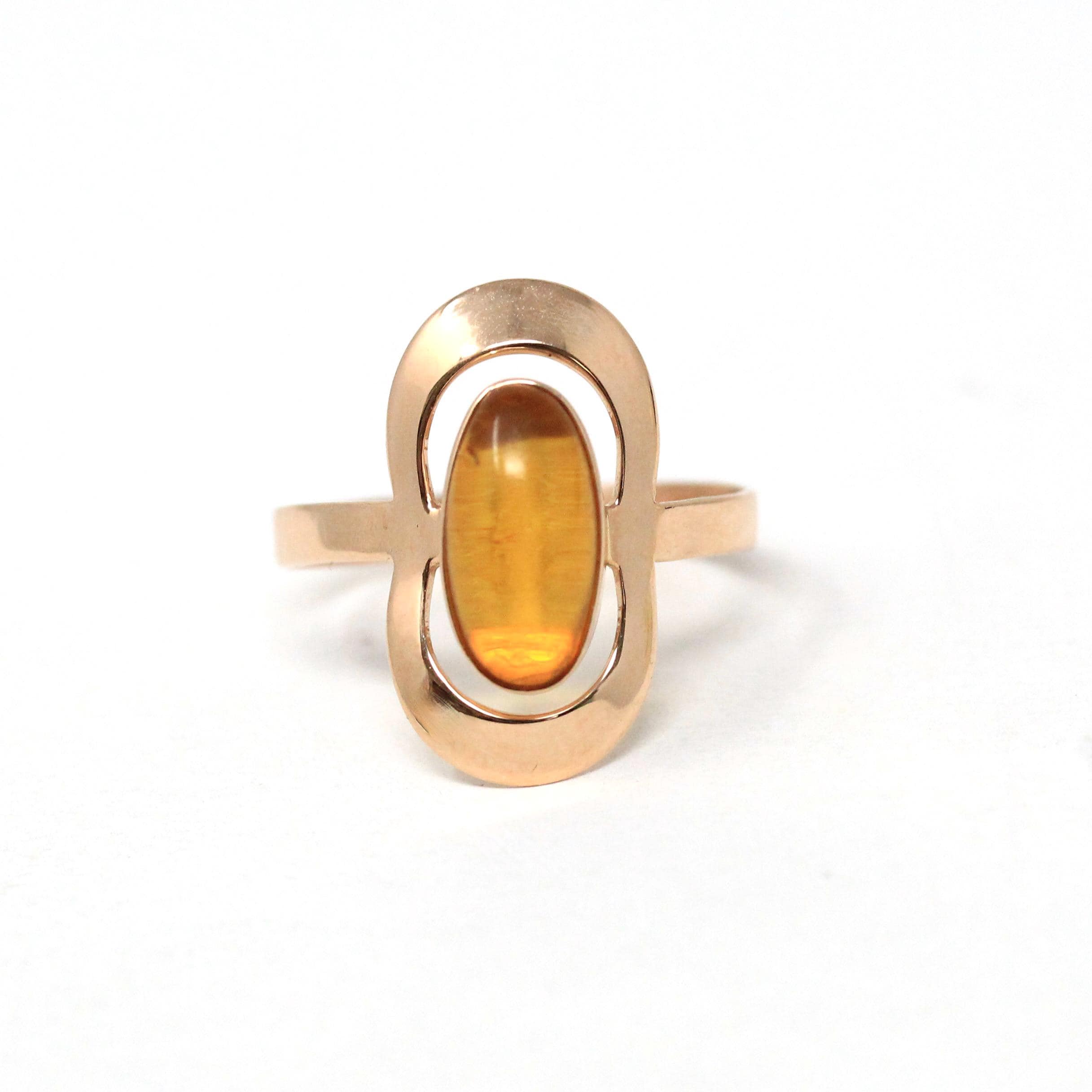 Vintage Amber Ring - Modern 14k Rose Gold Oval Cabochon Cut Bezel Set Fossilized Tree Resin - Circa 1990s Size 7 1/2 Statement Fine Jewelry