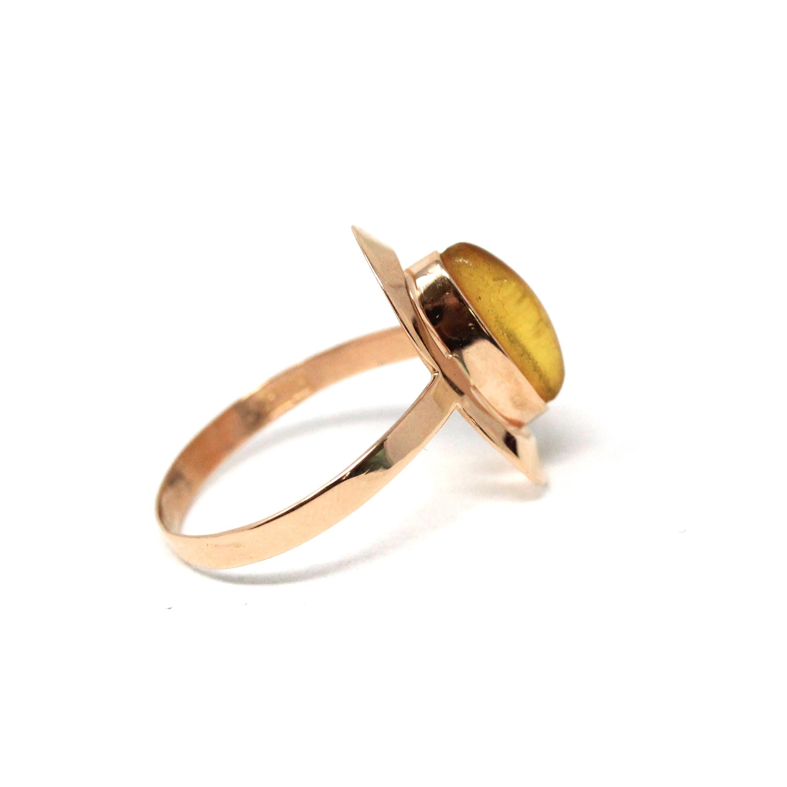 Vintage Amber Ring - Modern 14k Rose Gold Oval Cabochon Cut Bezel Set Fossilized Tree Resin - Circa 1990s Size 7 1/2 Statement Fine Jewelry