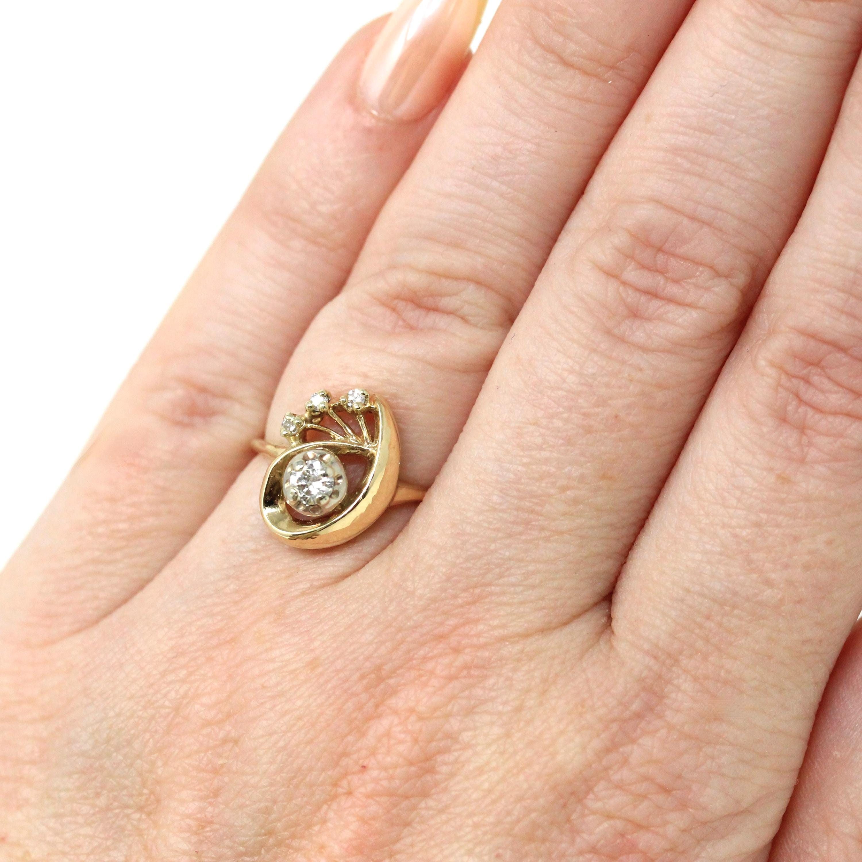 Retro Diamond Ring - Vintage 14k Yellow & White Gold Round Cut Gemstones - Circa 1960s Era Size 4 Swirl Design Fine Statement 60s Jewelry