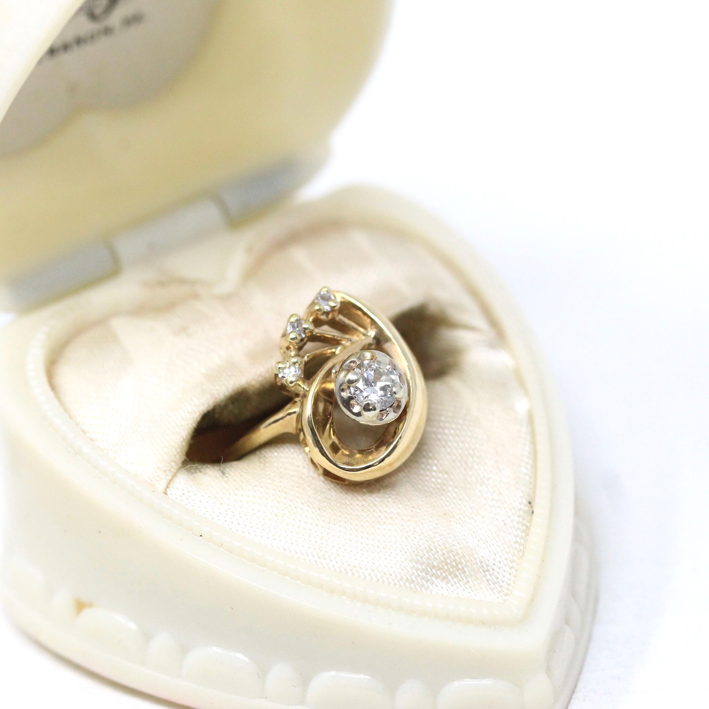 Retro Diamond Ring - Vintage 14k Yellow & White Gold Round Cut Gemstones - Circa 1960s Era Size 4 Swirl Design Fine Statement 60s Jewelry
