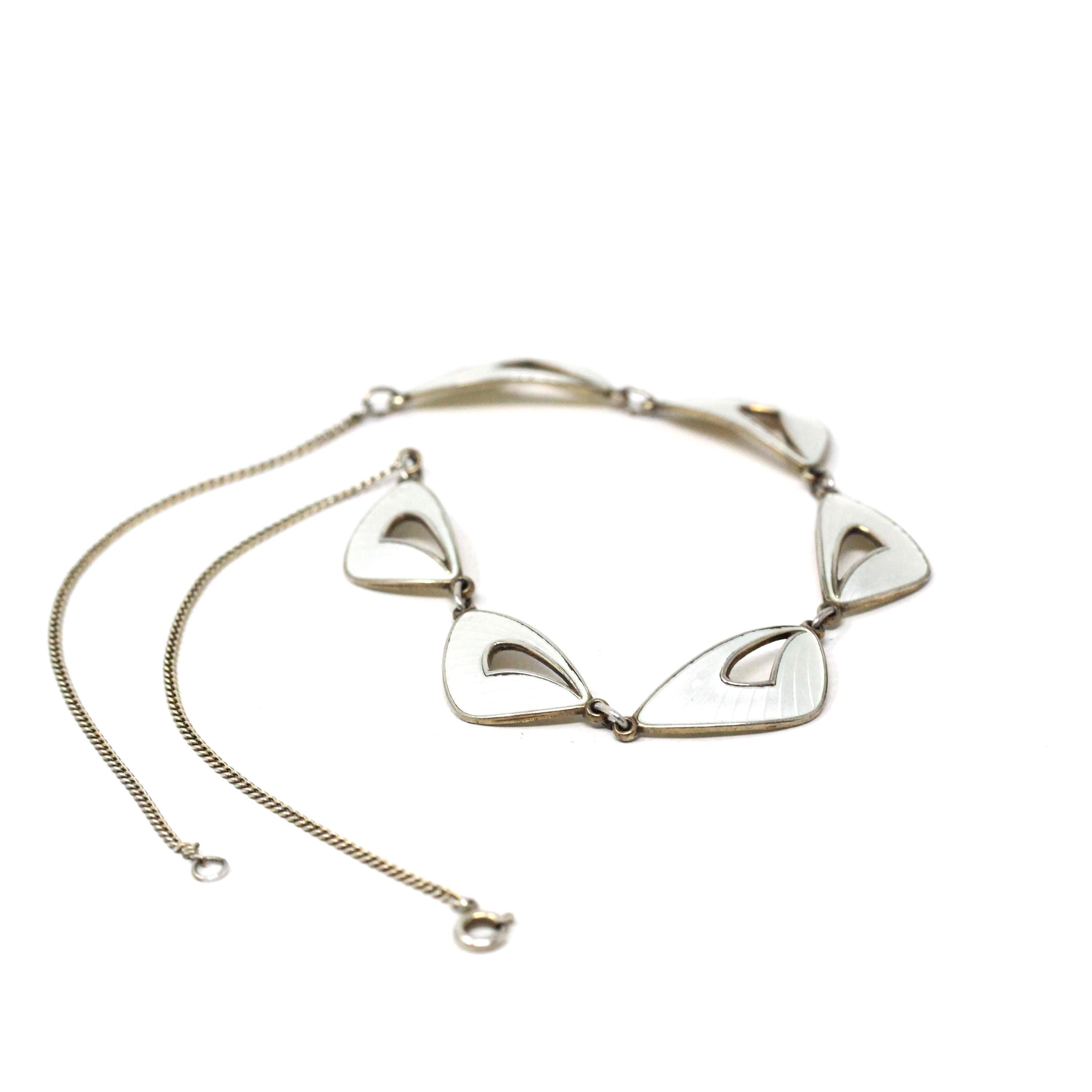 Vintage Enamel Necklace - Mid Century Sterling Silver White Enamel Wing Link Chain - Circa 1950s Era Norwegian Guilloche Fashion Jewelry