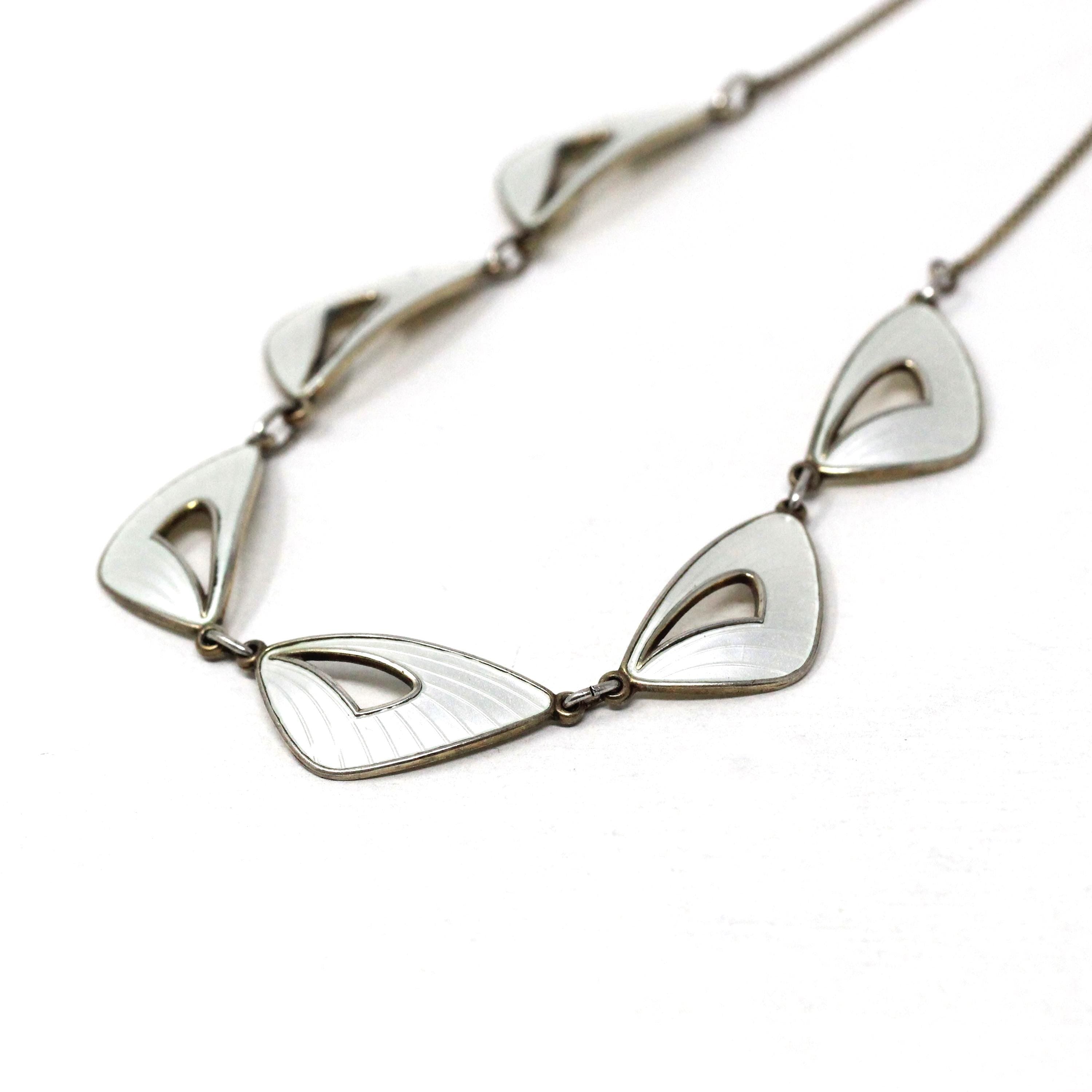 Vintage Enamel Necklace - Mid Century Sterling Silver White Enamel Wing Link Chain - Circa 1950s Era Norwegian Guilloche Fashion Jewelry