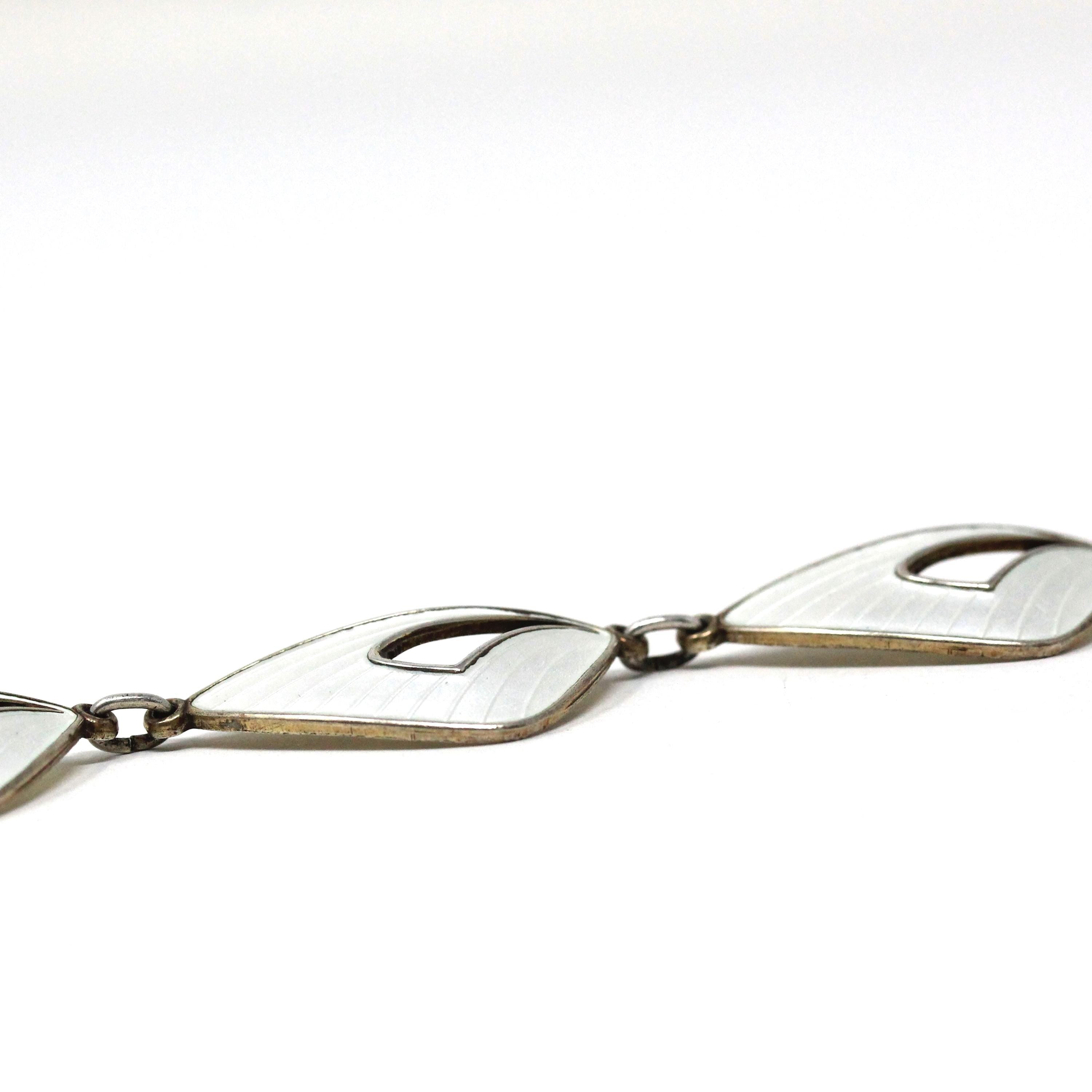 Vintage Enamel Necklace - Mid Century Sterling Silver White Enamel Wing Link Chain - Circa 1950s Era Norwegian Guilloche Fashion Jewelry