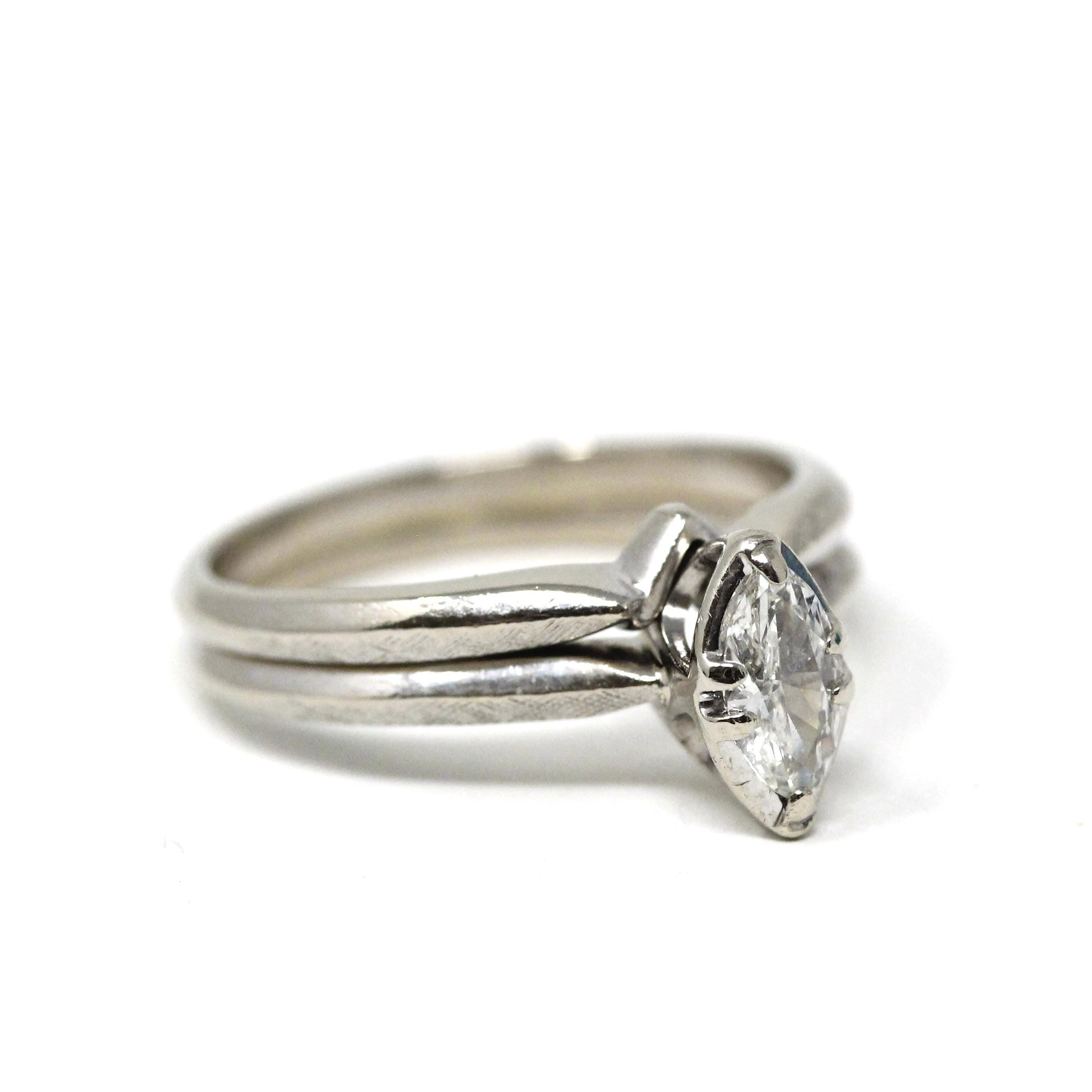 Vintage Wedding Set - Mid Century 14k White Gold Natural Marquise Diamond Engagement Soldered Rings - Circa 1960s Size 5 1/2 Fine Jewelry