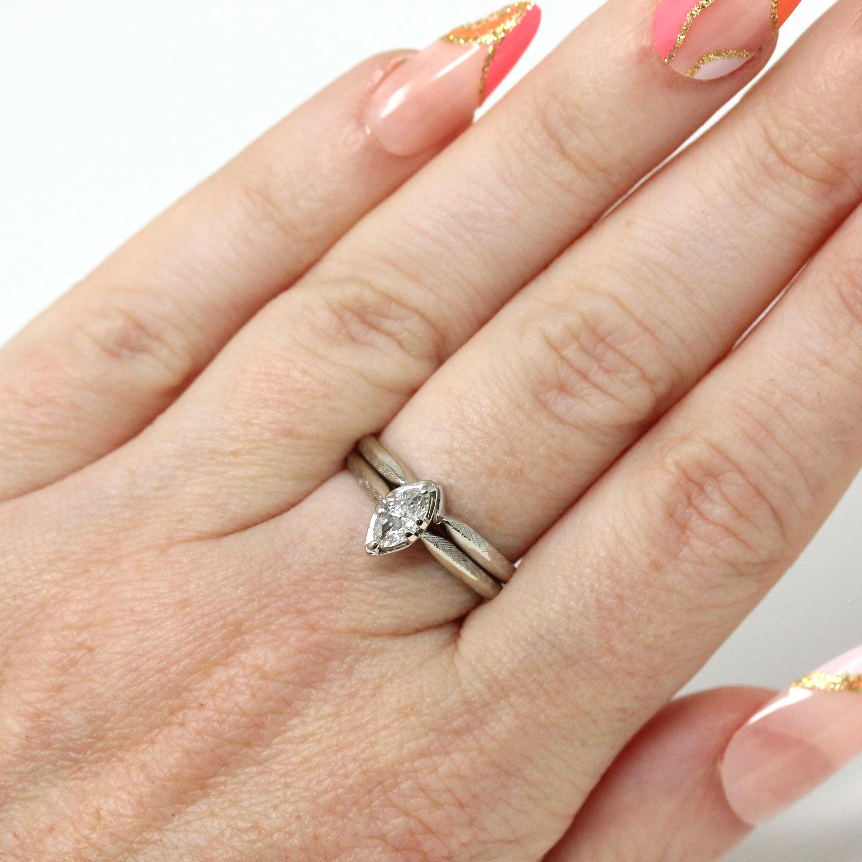 Vintage Wedding Set - Mid Century 14k White Gold Natural Marquise Diamond Engagement Soldered Rings - Circa 1960s Size 5 1/2 Fine Jewelry