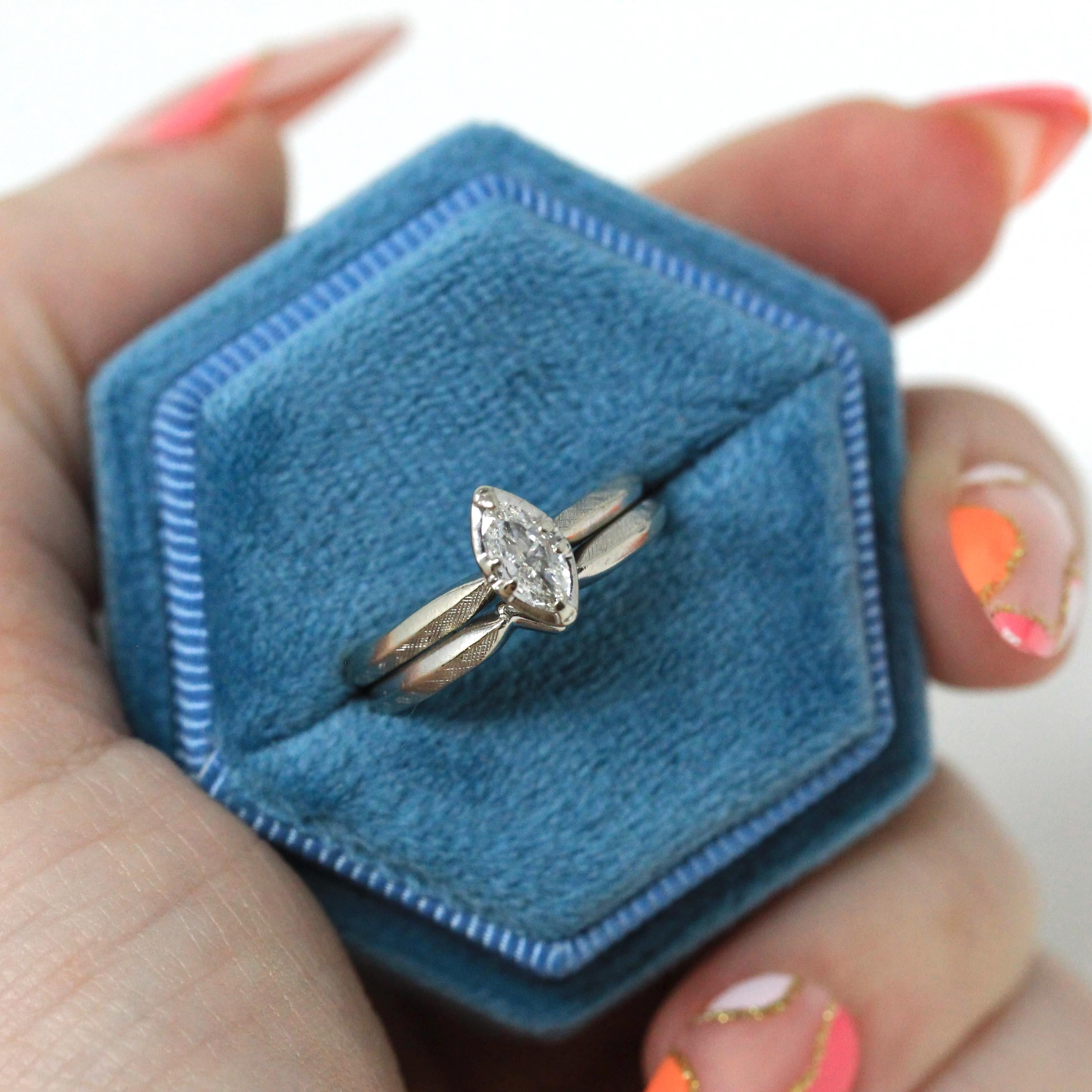 Vintage Wedding Set - Mid Century 14k White Gold Natural Marquise Diamond Engagement Soldered Rings - Circa 1960s Size 5 1/2 Fine Jewelry