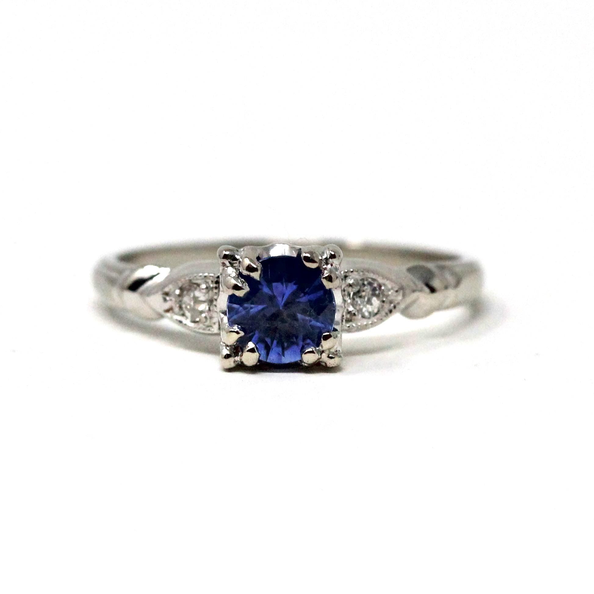 Mid Century Sapphire Ring - Vintage 14k White Gold Platinum Natural Light Blue Diamond Engagement - Circa 1950s Era Size 5 1/2 Fine Jewelry